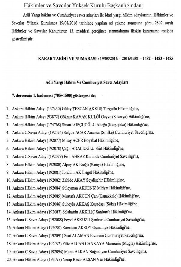 Hakim ve savcıların atama listesi (29 Kasım 2016) - 1