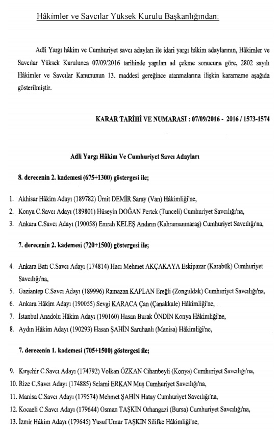 Hakim ve savcıların atama listesi (29 Kasım 2016) - 24