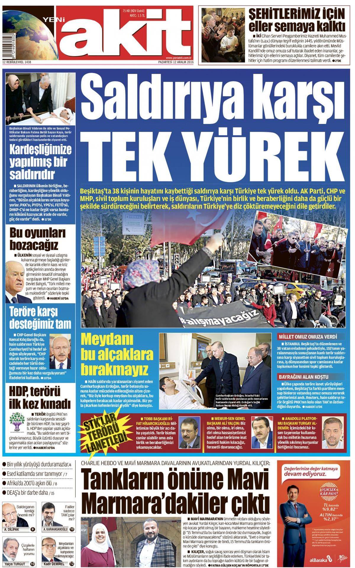 12 Aralık 2016 gazete manşetleri - -5