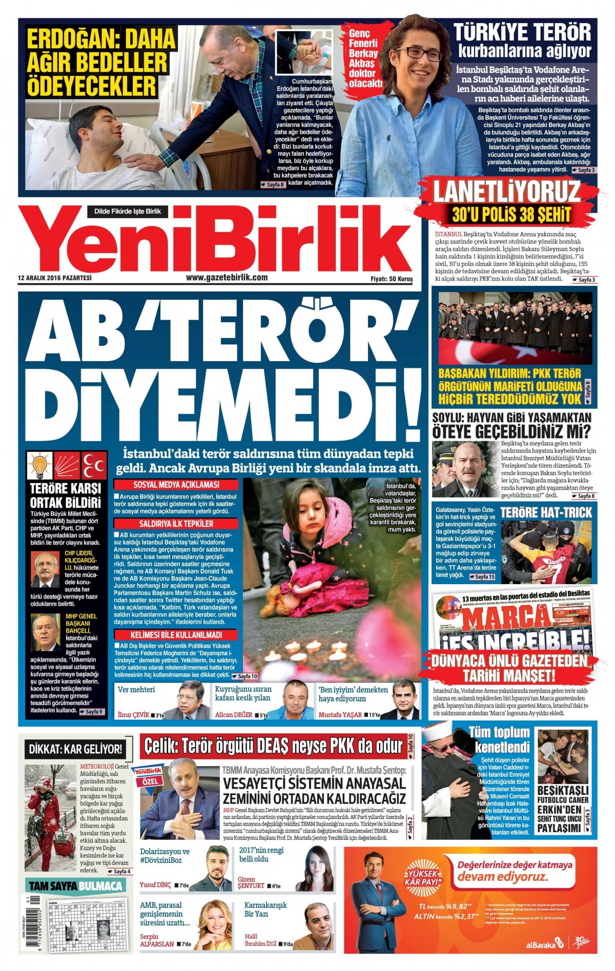 12 Aralık 2016 gazete manşetleri - -23