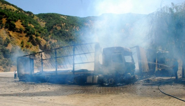 Yol kesen PKK'lılar araçları ateşe verdi - 775