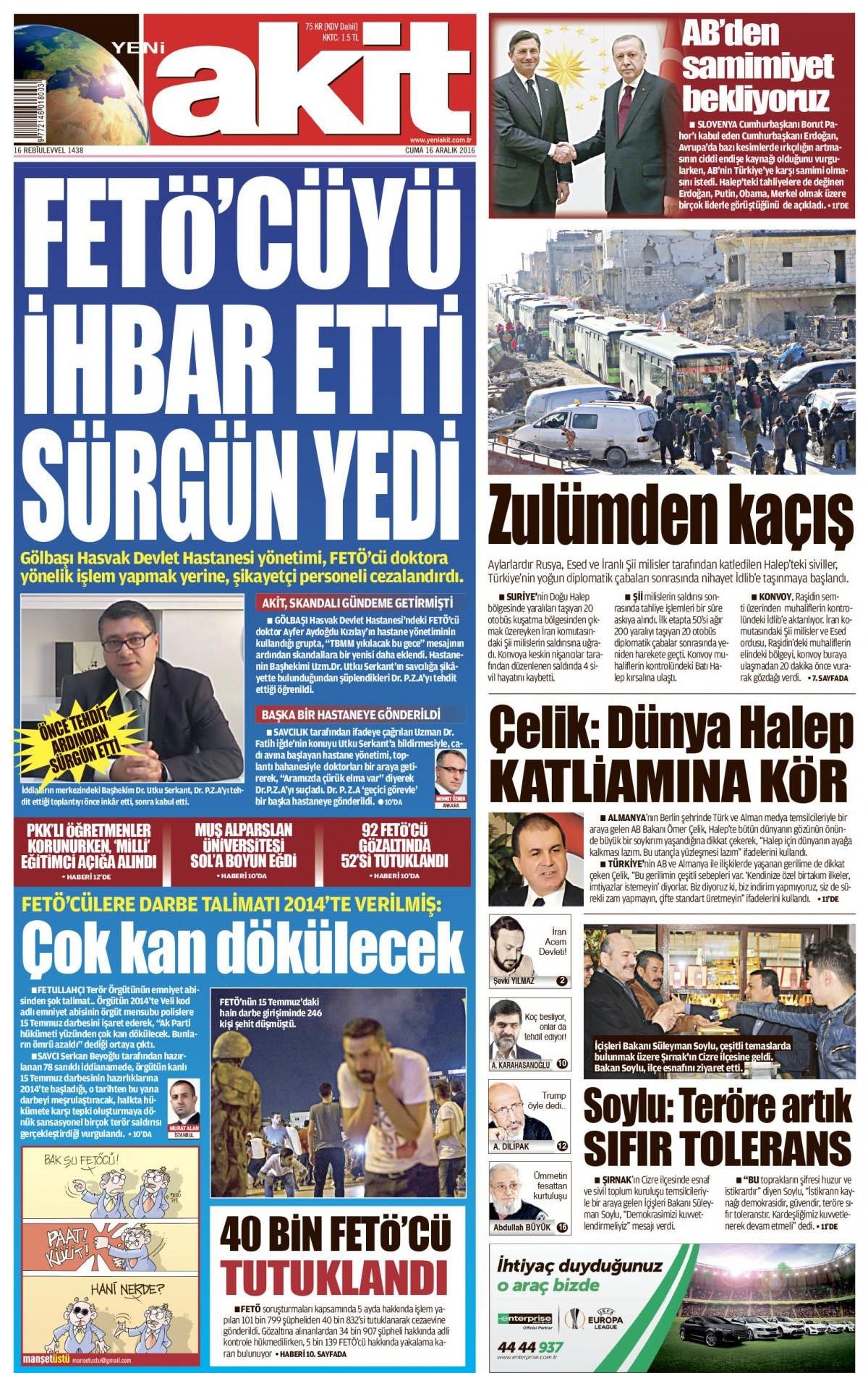 16 Aralık 2016 gazete manşetleri - -5