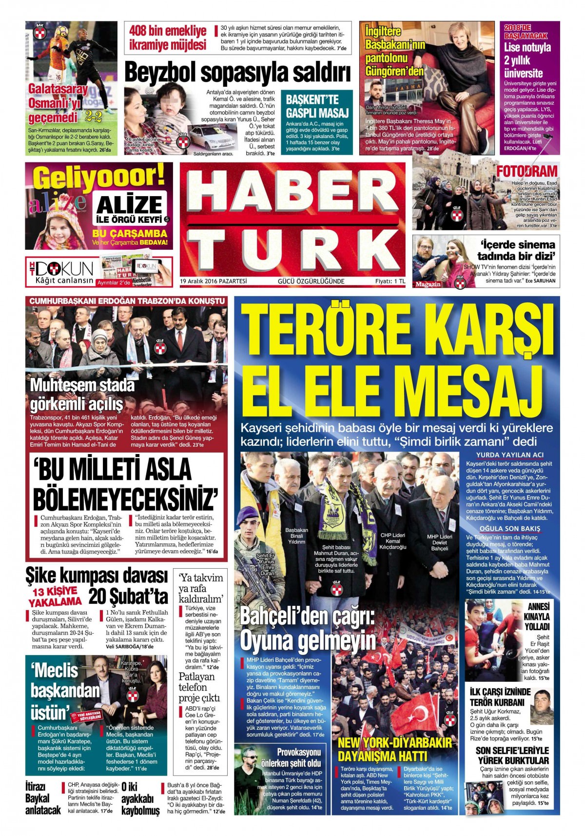 19 Aralık 2016 gazete manşetleri - -1