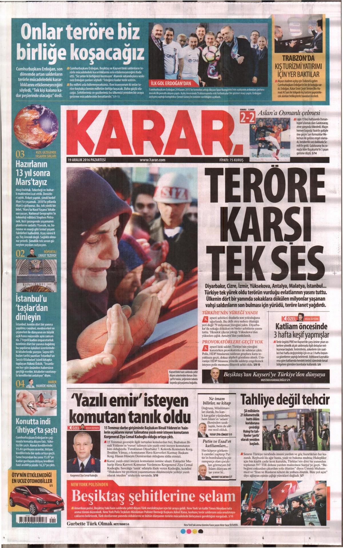 19 Aralık 2016 gazete manşetleri - -19