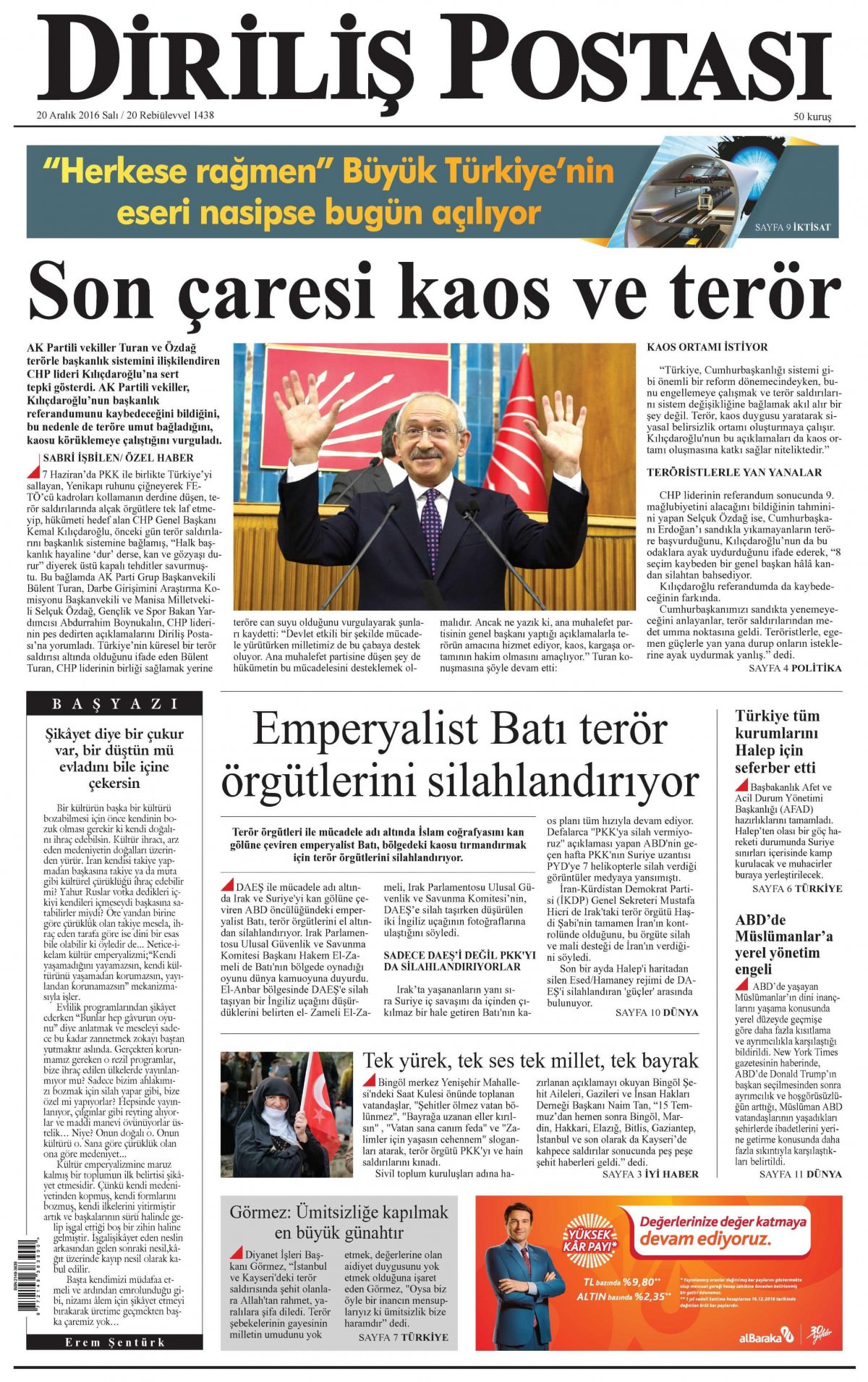 20 Aralık 2016 gazete manşetleri - -20