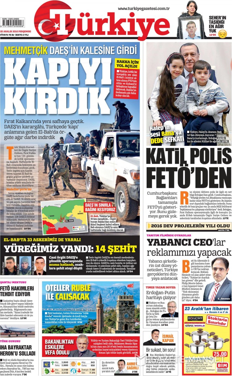 22 Aralık 2016 gazete manşetleri - 1