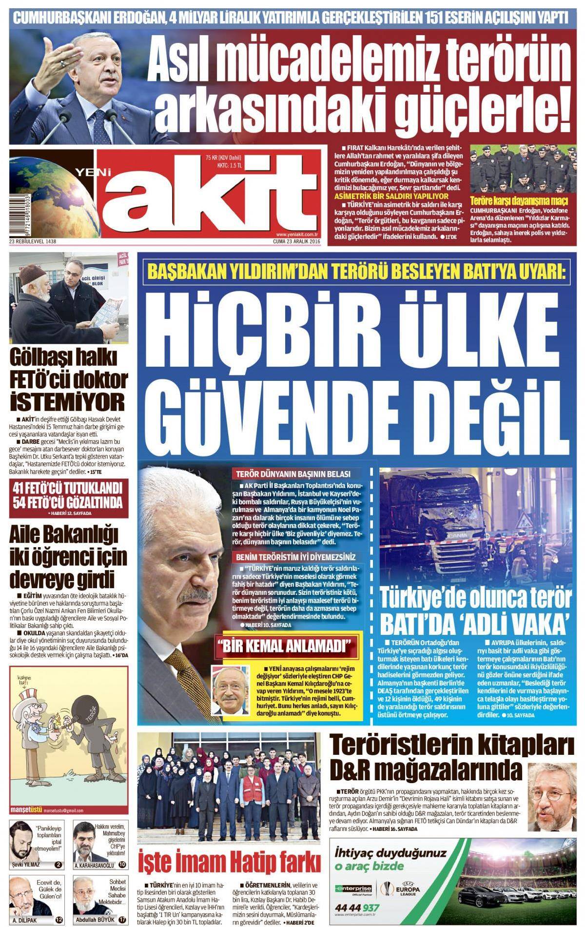 23 Aralık 2016 gazete manşetleri - -2