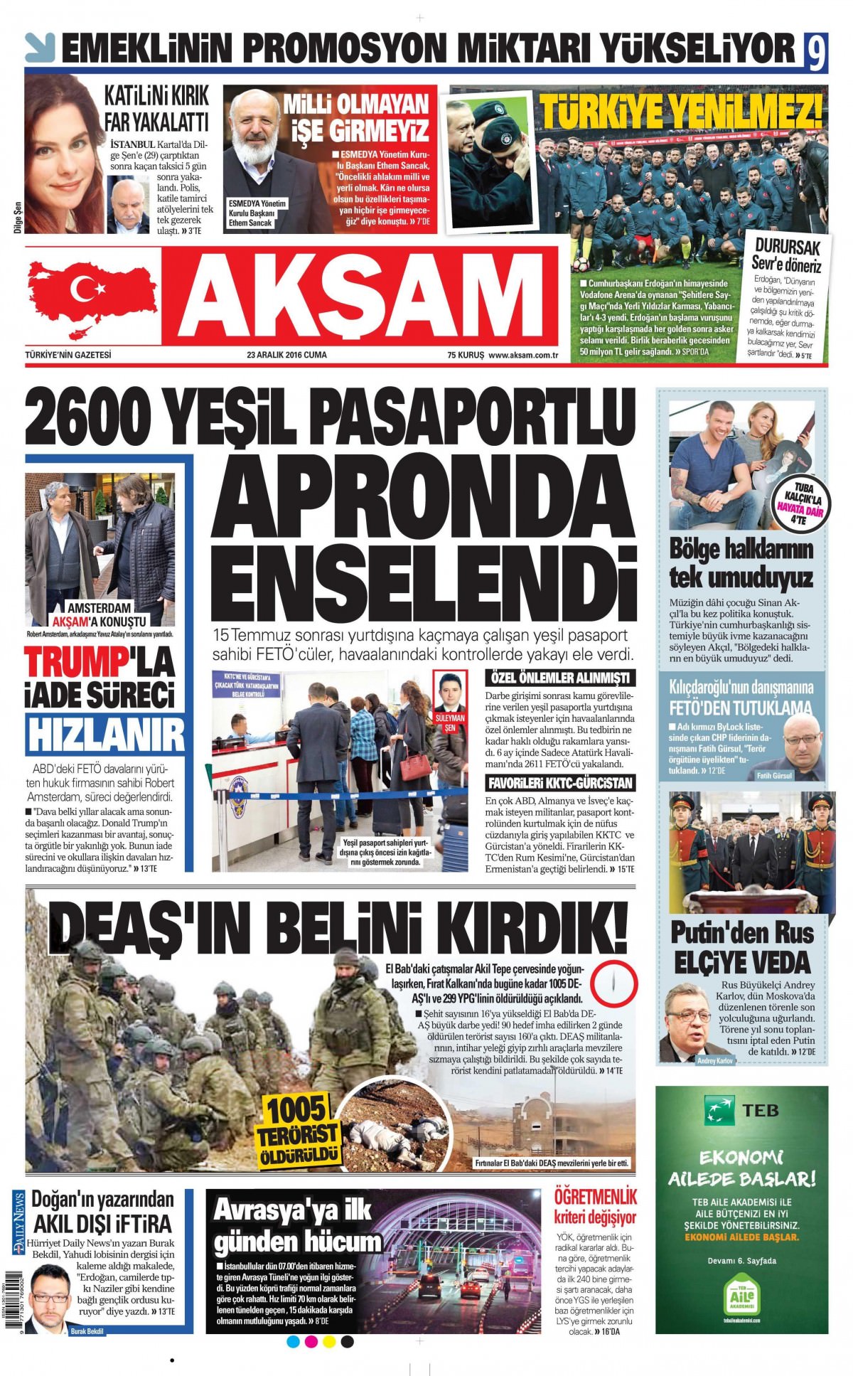 23 Aralık 2016 gazete manşetleri - -6