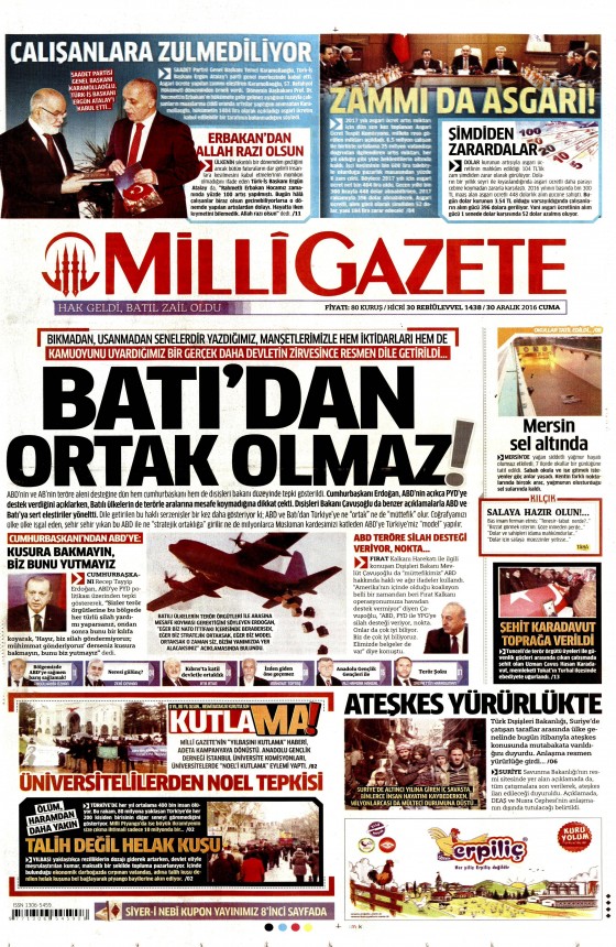 30 Aralık 2016 gazete manşetleri - 1