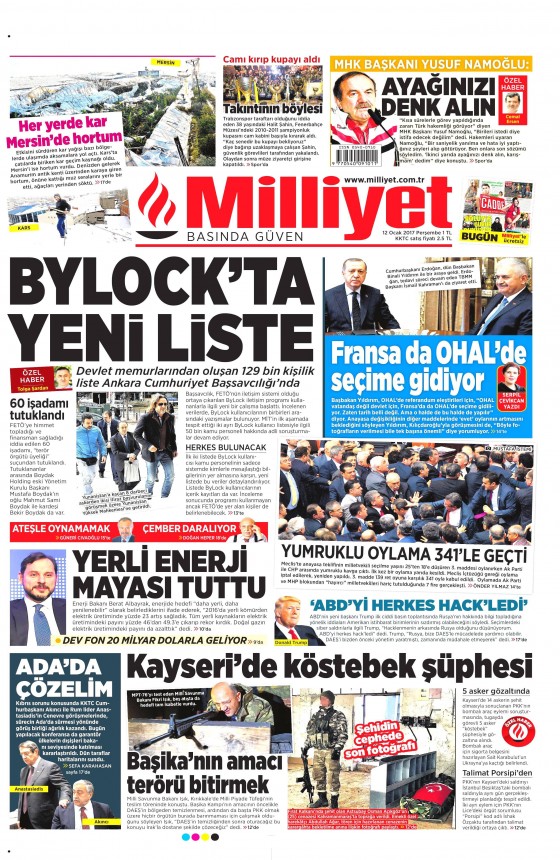 12 Ocak 2017 gazete manşetleri - 1