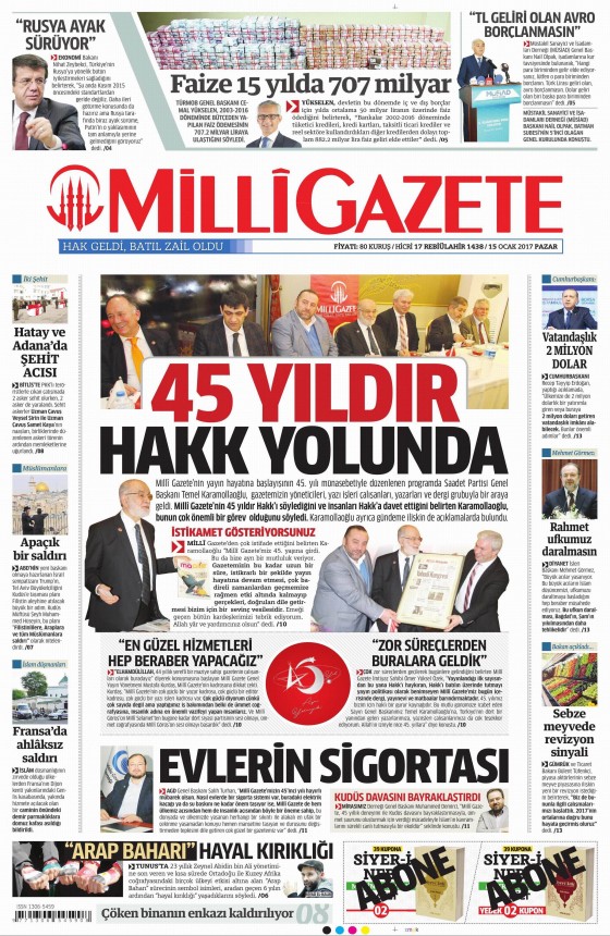 15 Ocak 2017 gazete manşetleri - 1