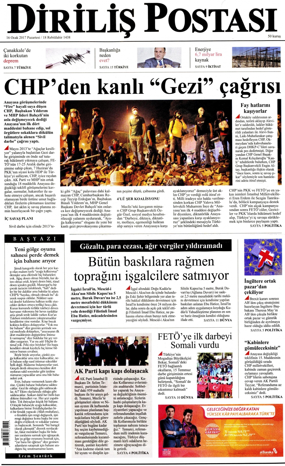 16 Ocak 2017 gazete manşetleri - 13