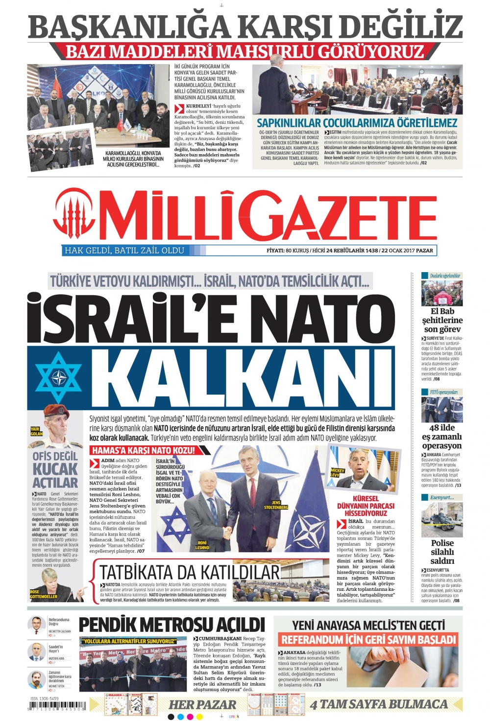 22 Ocak 2017 gazete manşetleri - 1