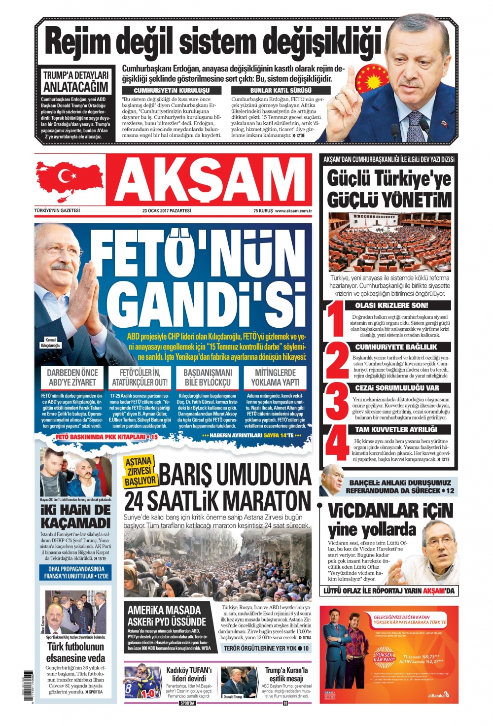 23 Ocak 2017 gazete manşetleri - 1