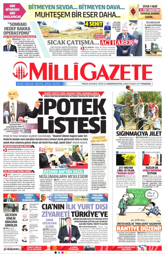 9 Şubat 2017 gazete manşetleri - 1
