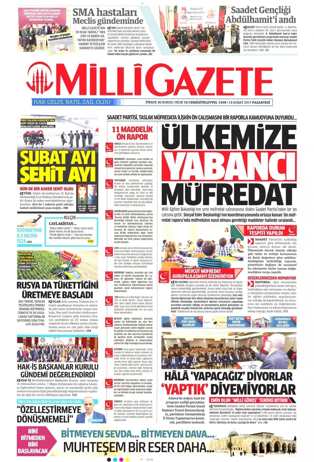 13 Şubat 2017 gazete manşetleri - 1