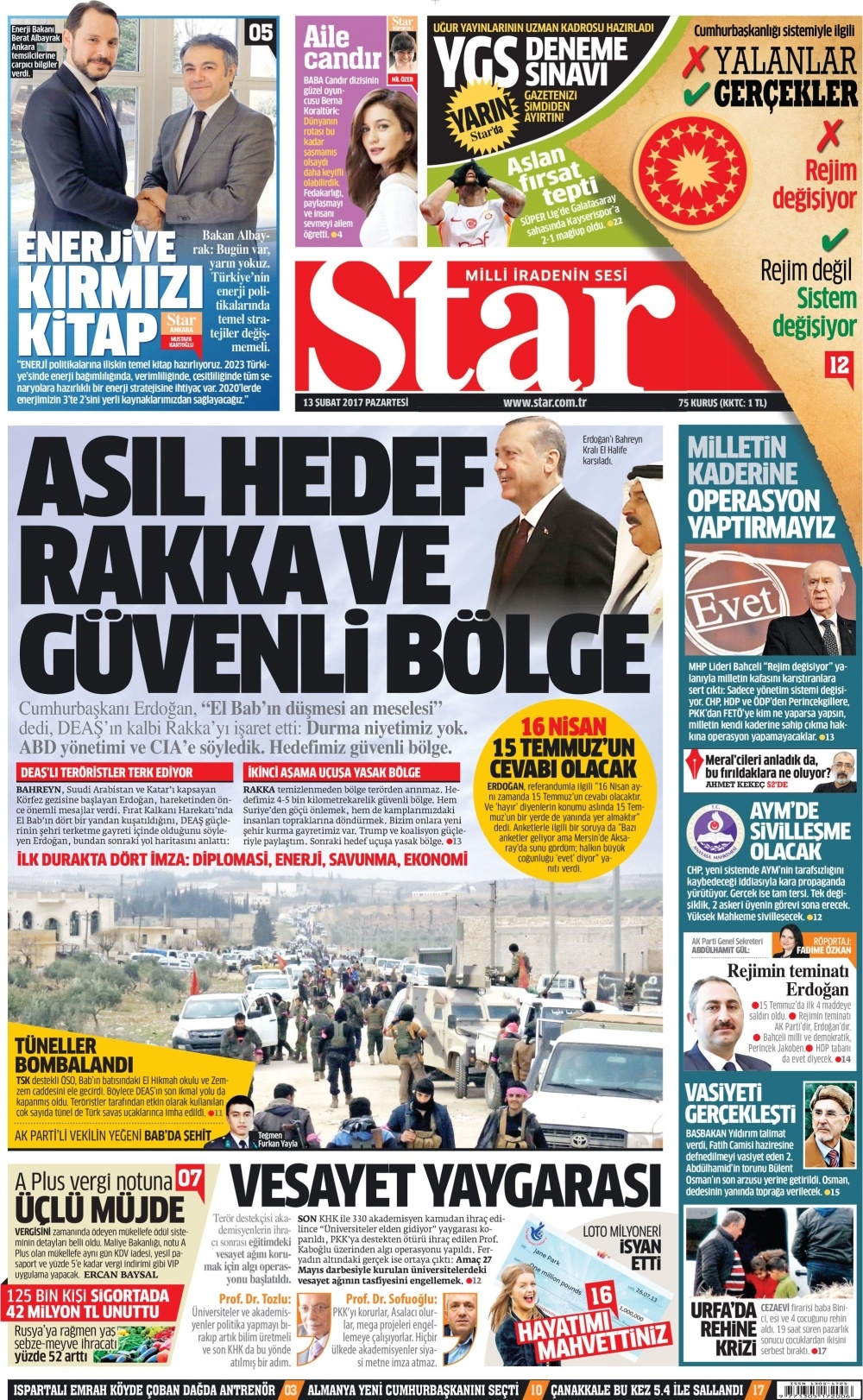 13 Şubat 2017 gazete manşetleri - 13