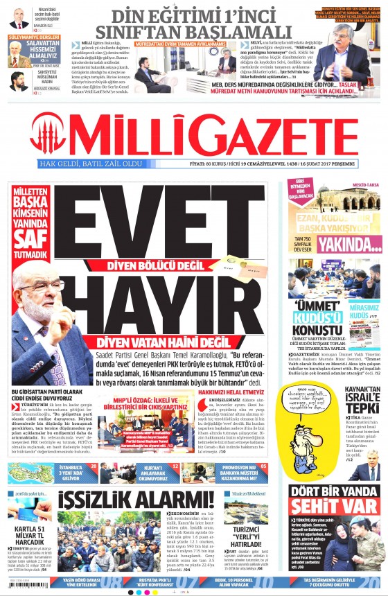 16 Şubat 2017 gazete manşetleri - 1