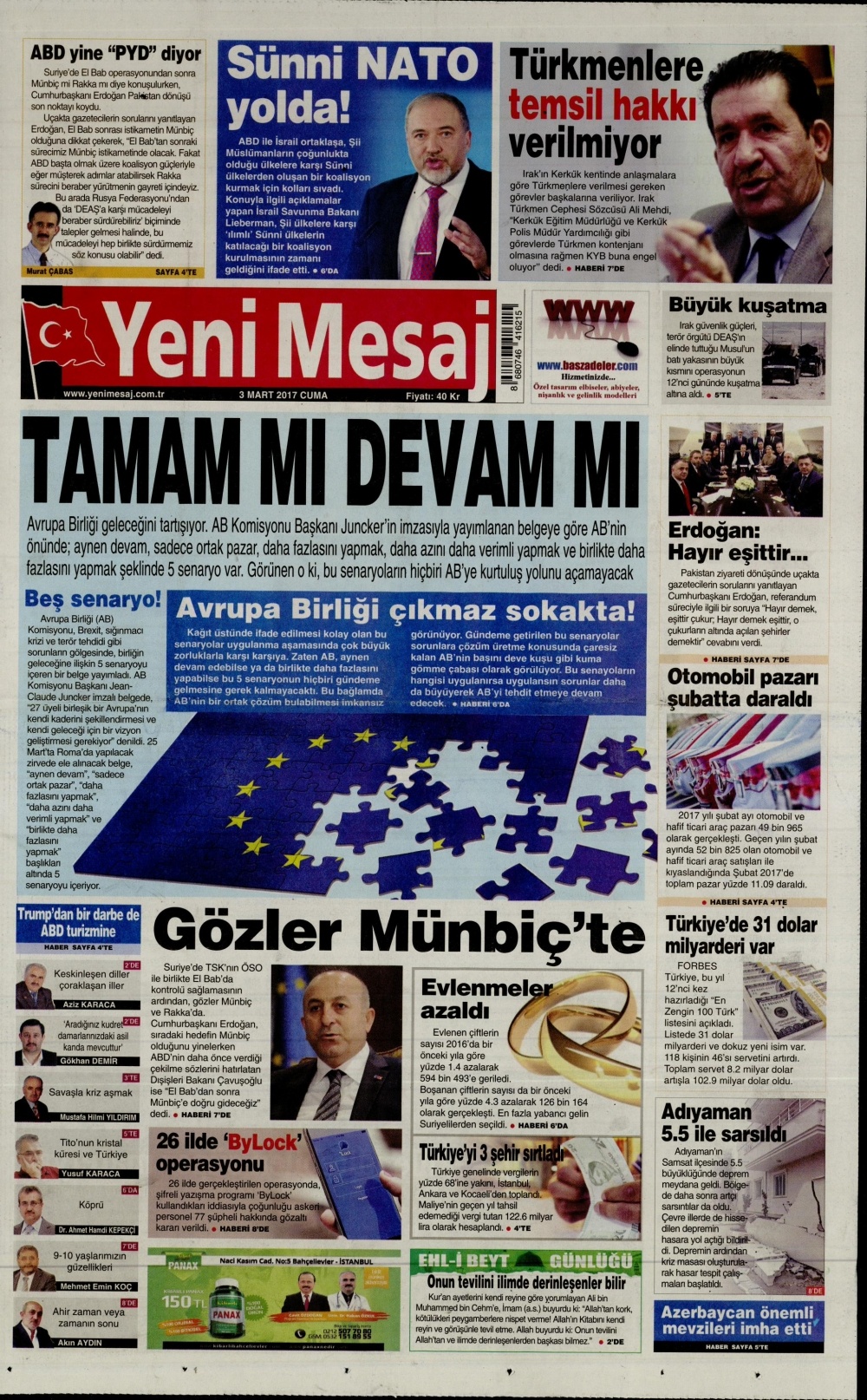 3 Mart 2017 gazete manşetleri - 1