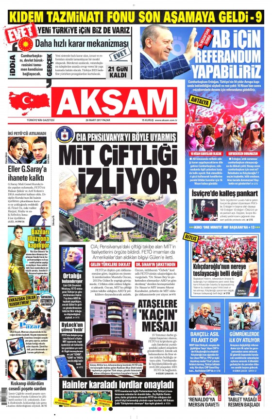 26 Mart 2017 gazete manşetleri - 1
