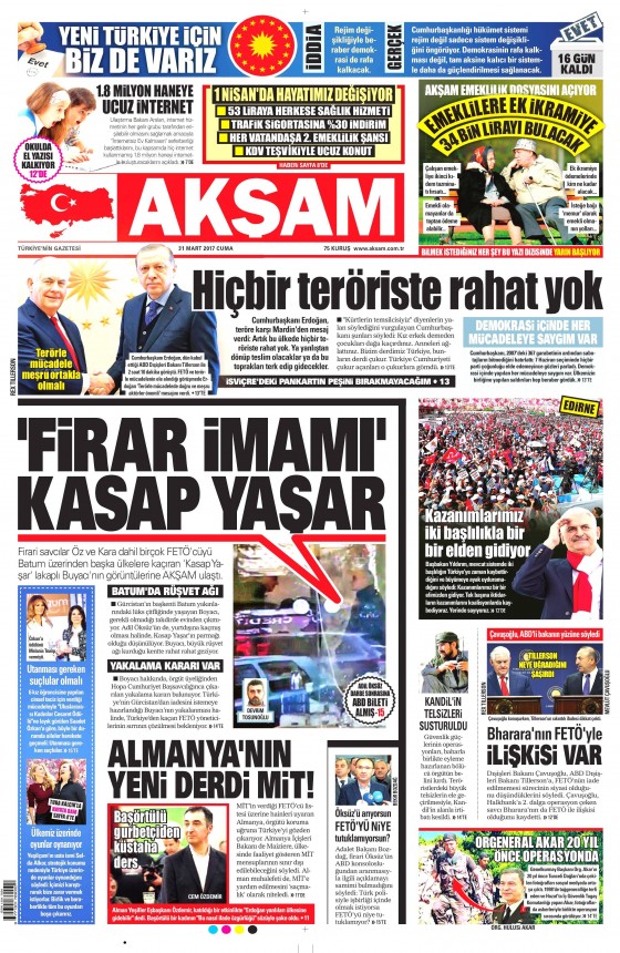 31 Mart 2017 gazete manşetleri - 1