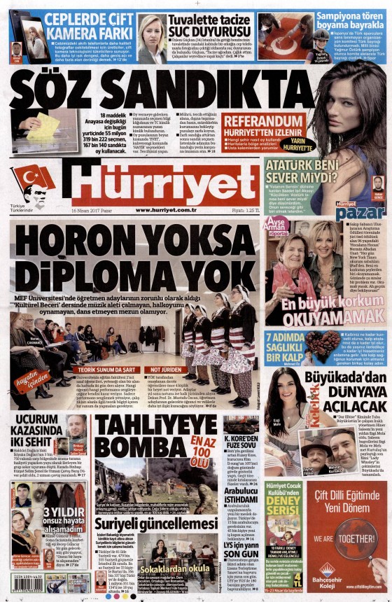 16 Nisan Cuma 2017 gazete manşetleri - 2