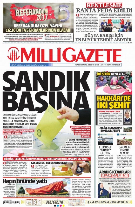 16 Nisan Cuma 2017 gazete manşetleri - 1