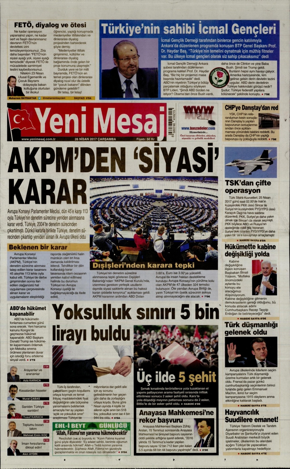 26 Nisan 2017 gazete manşetleri - 1