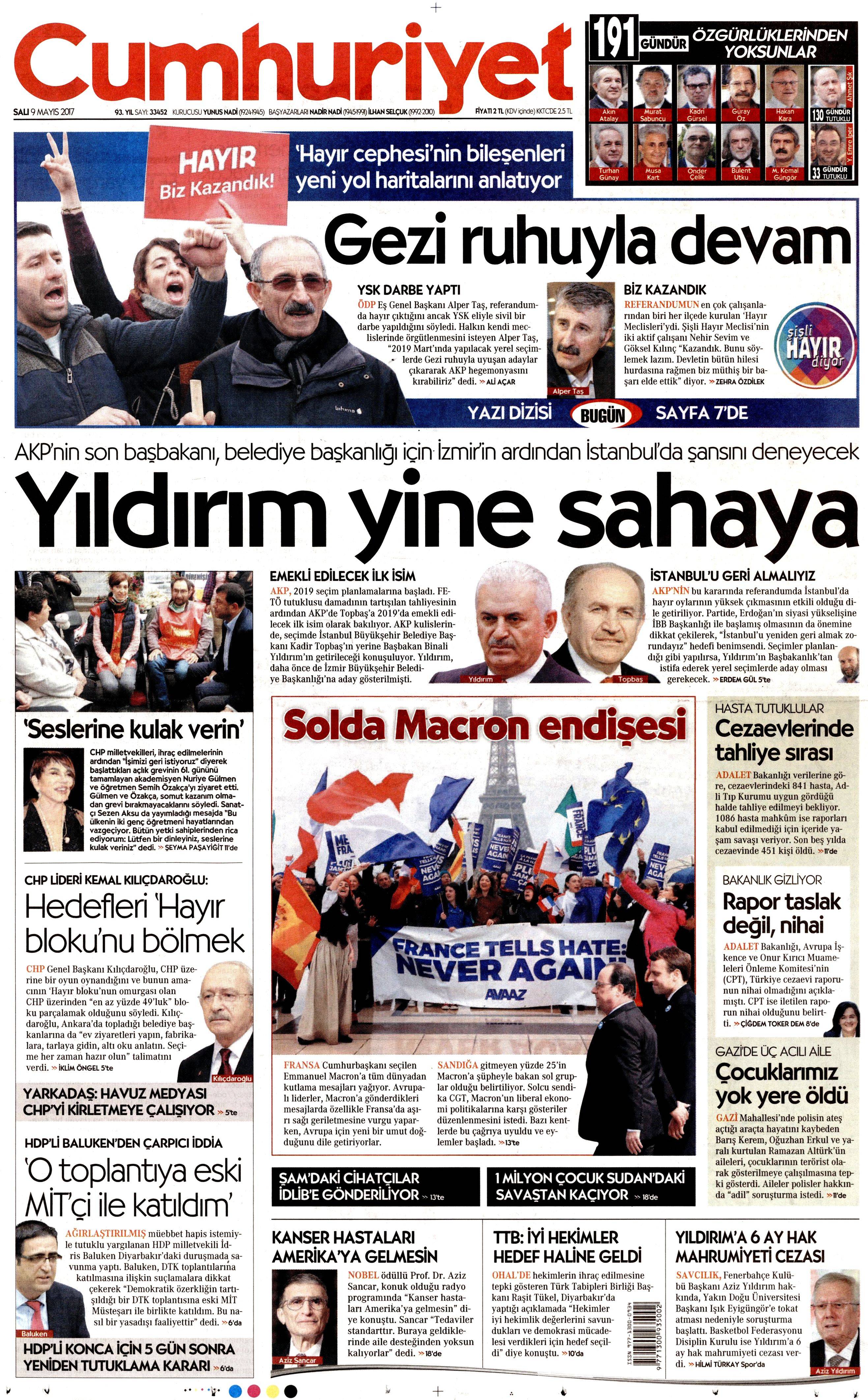 9 Mayıs 2017 Salı gazete manşetleri - 9