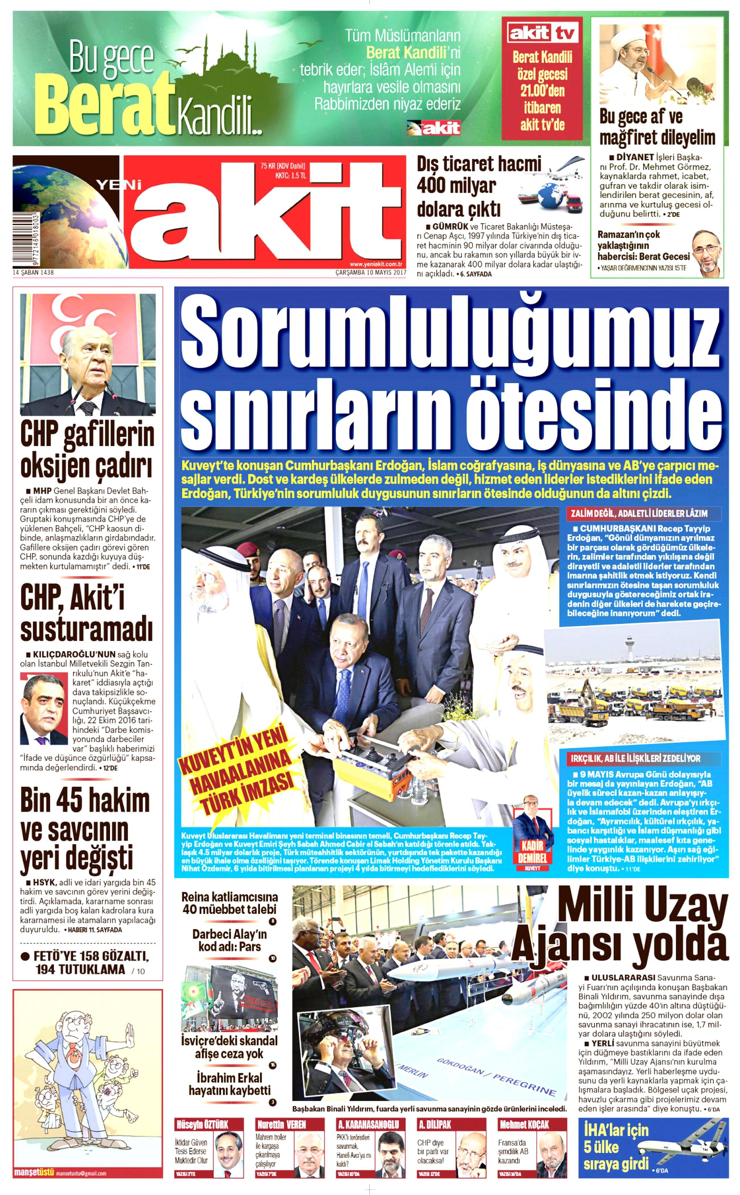 10 Mayıs 2017 Çarşamba gazete manşetleri - 1