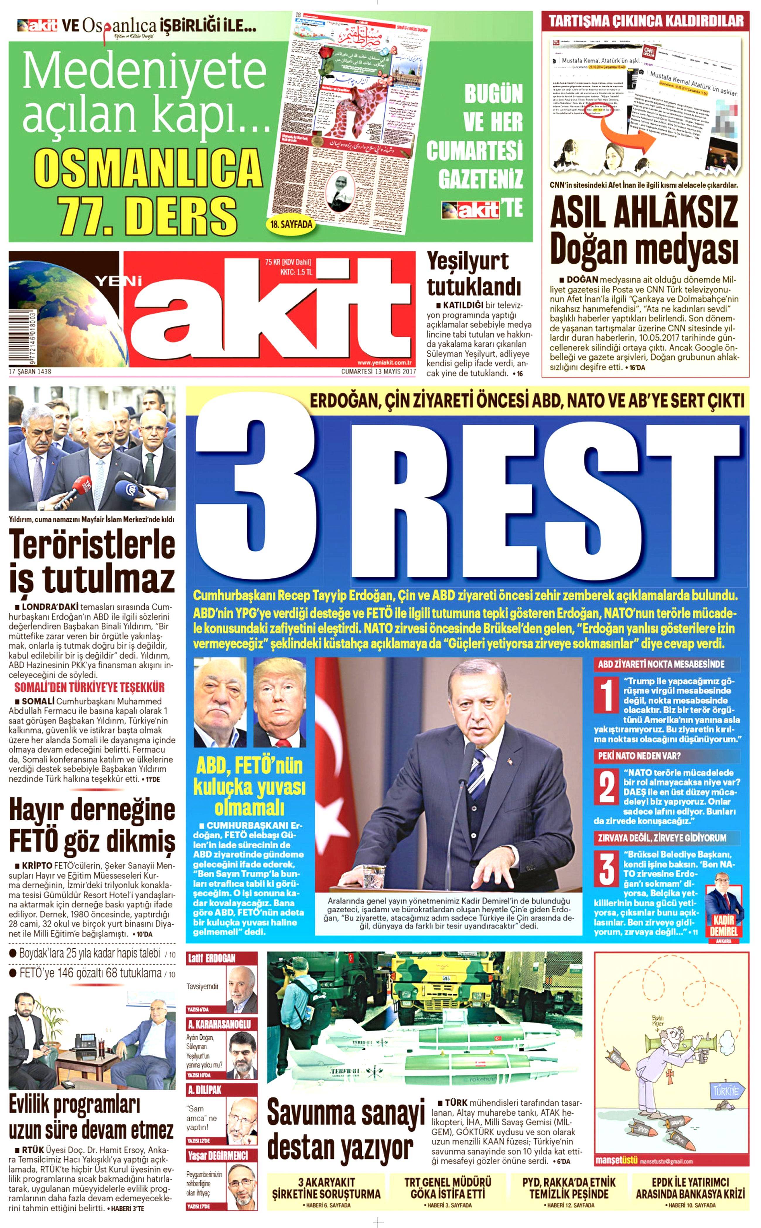 13 Mayıs 2017 Cumartesi gazete manşetleri - 1