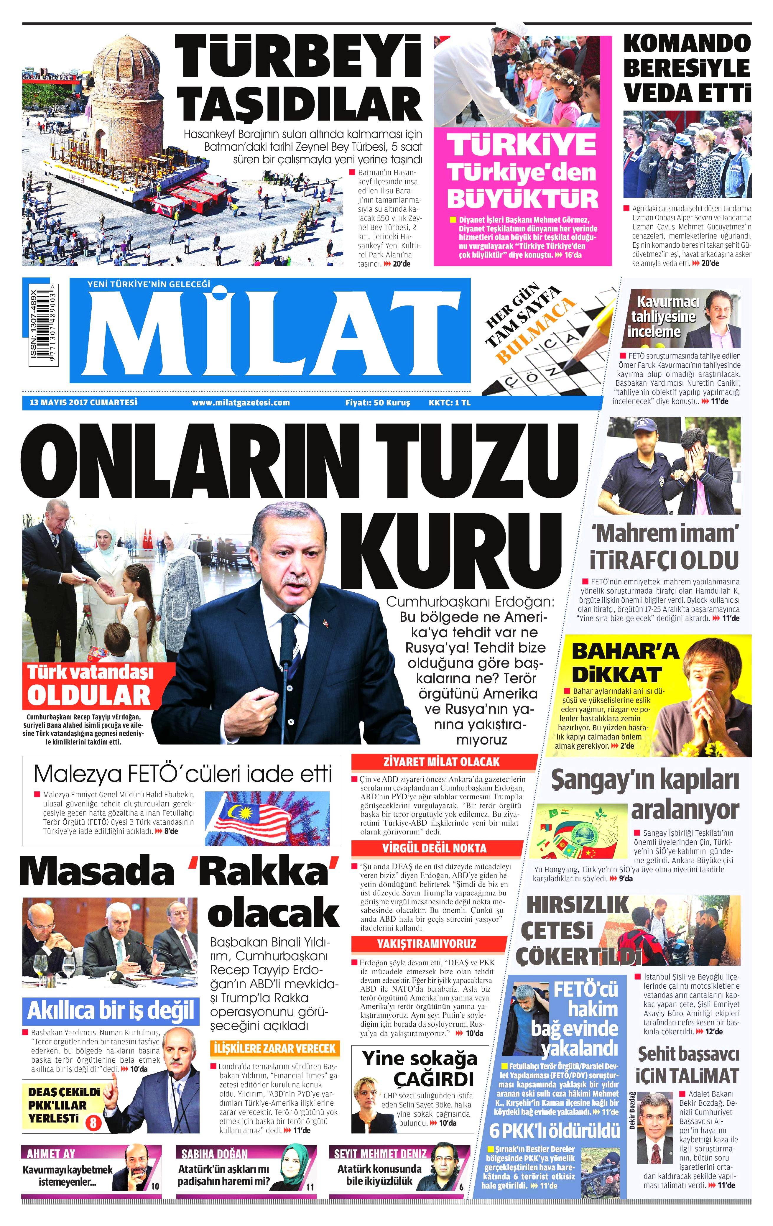 13 Mayıs 2017 Cumartesi gazete manşetleri - 14