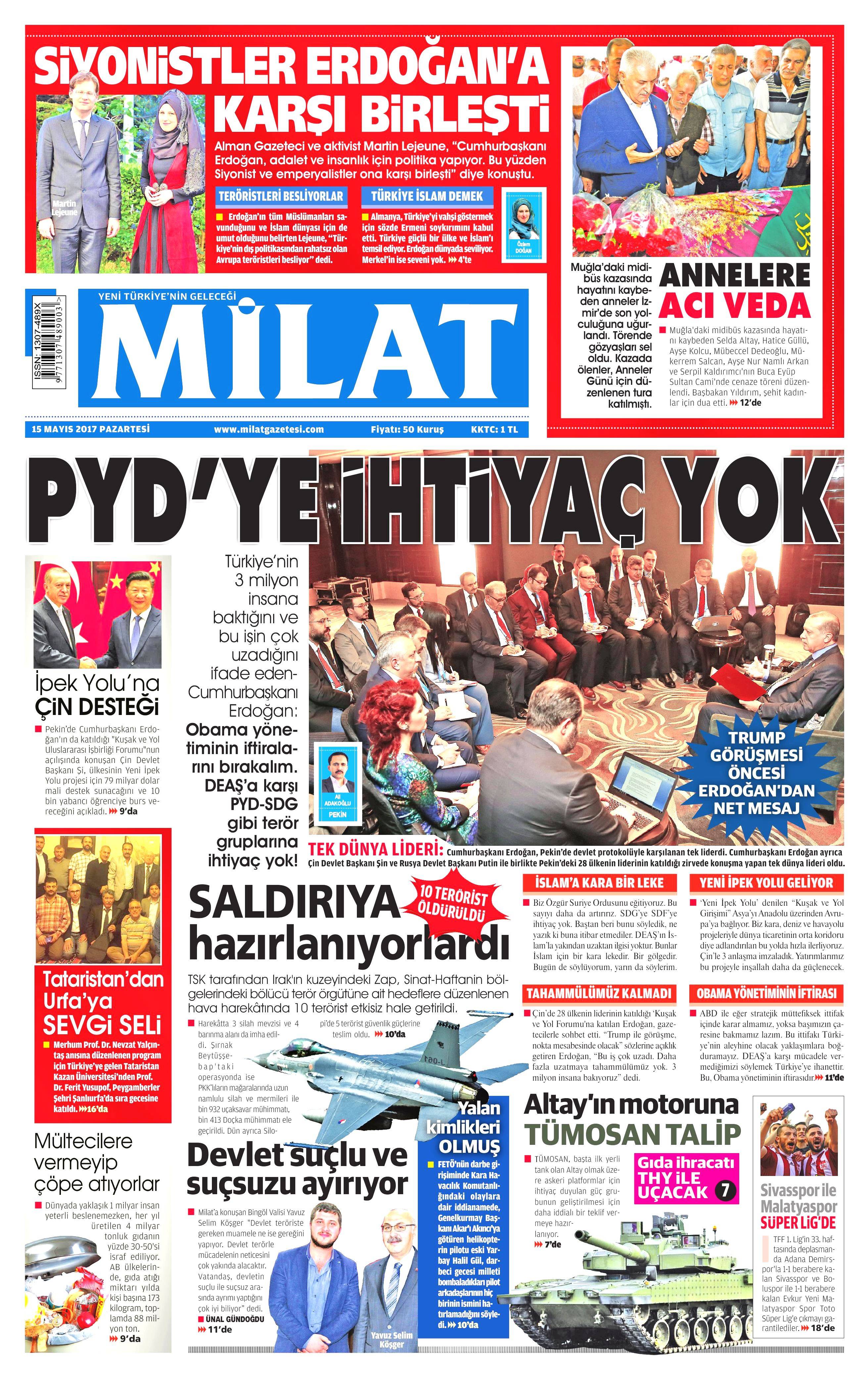 15 Mayıs 2017 Pazartesi gazete manşetleri - 15