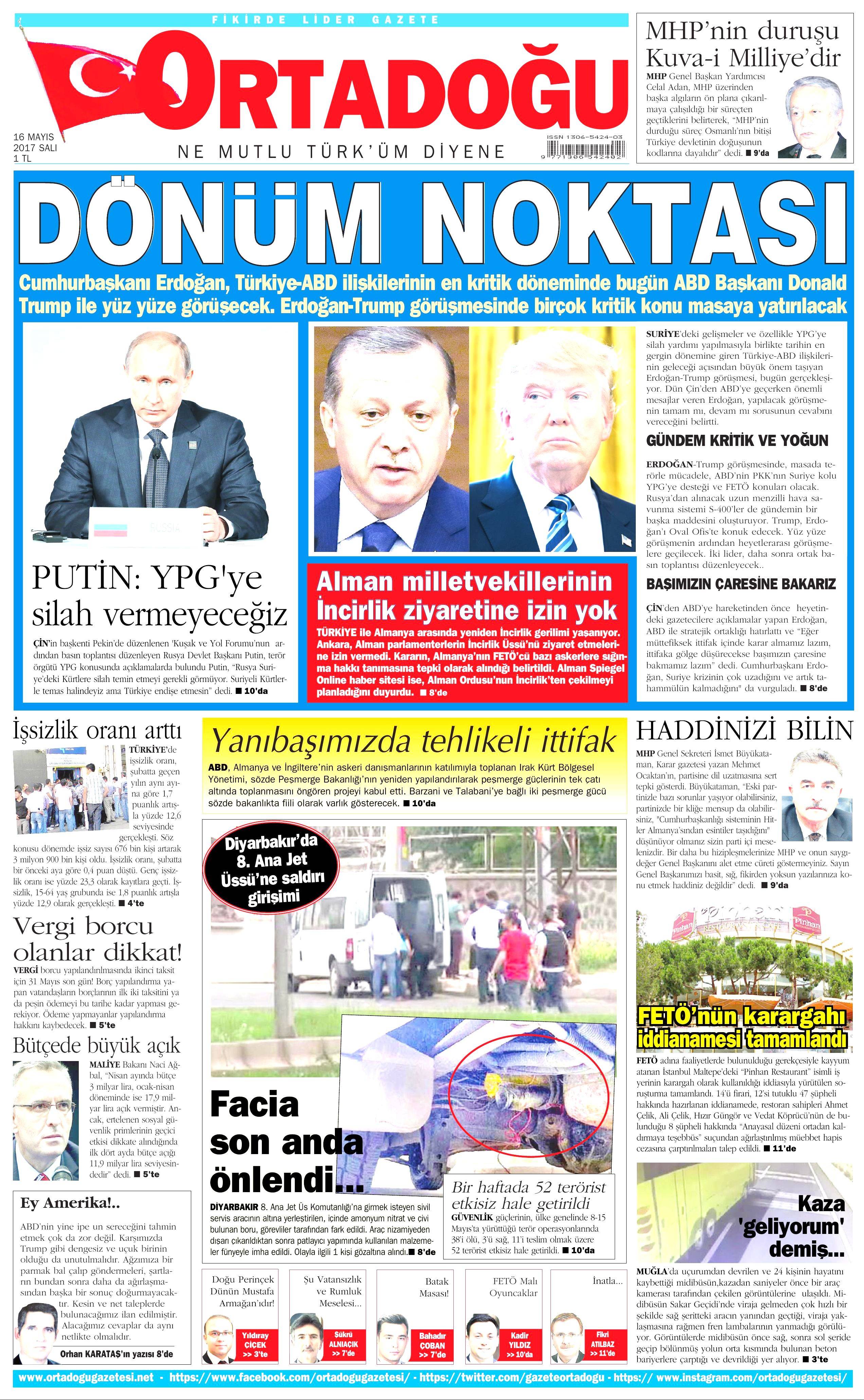 16 Mayıs 2017 Salı gazete manşetleri - 16