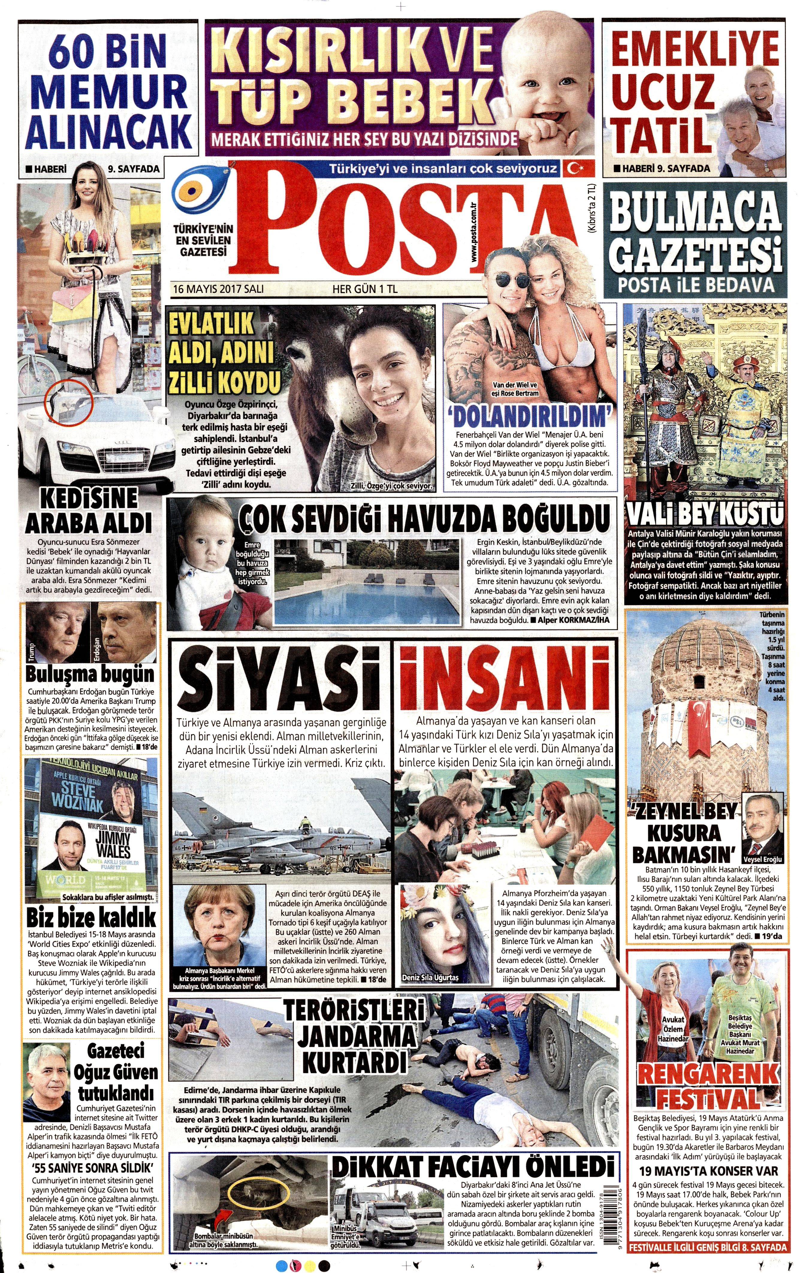 16 Mayıs 2017 Salı gazete manşetleri - 17