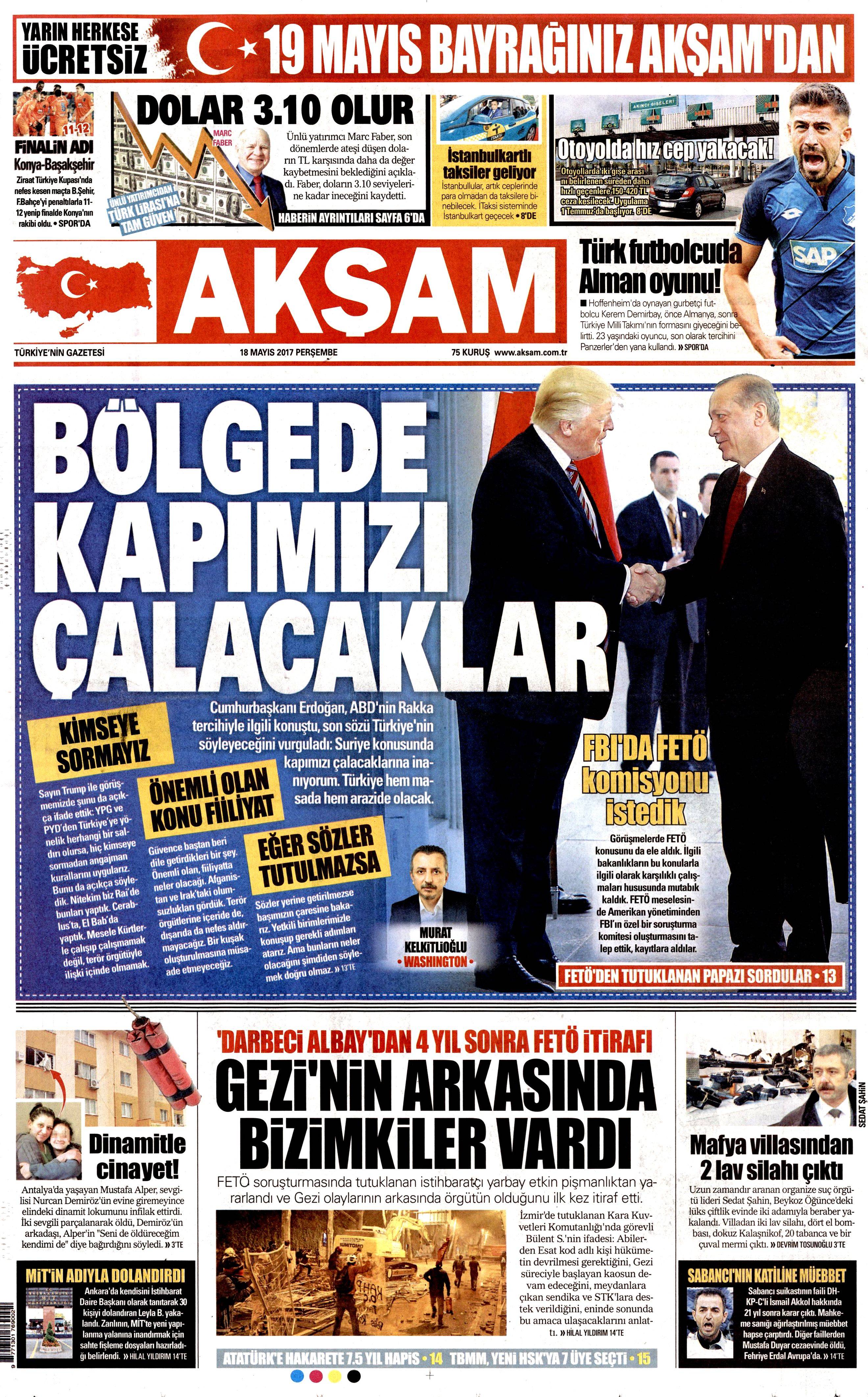 18 Mayıs 2017 Perşembe gazete manşetleri - 1