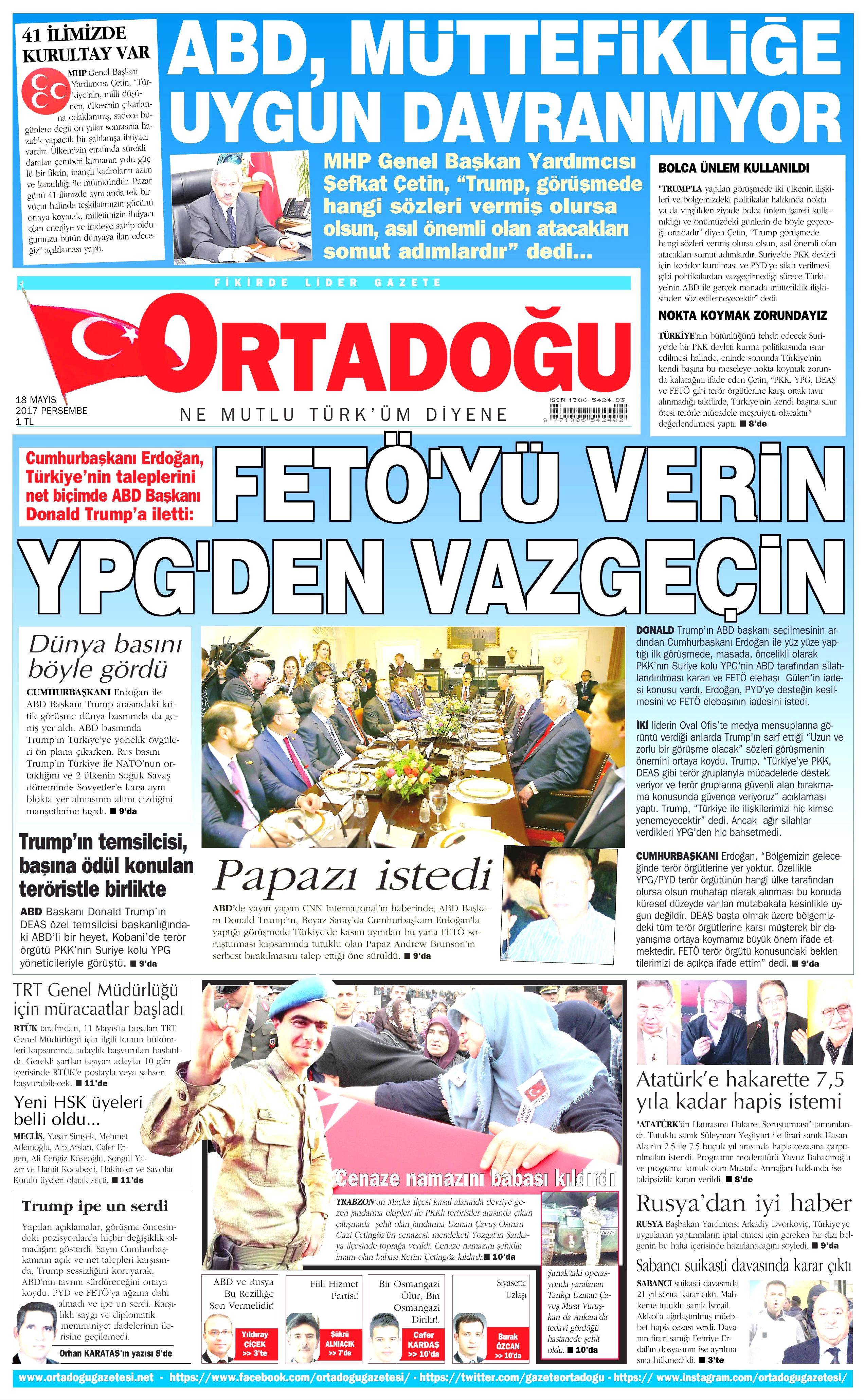 18 Mayıs 2017 Perşembe gazete manşetleri - 15