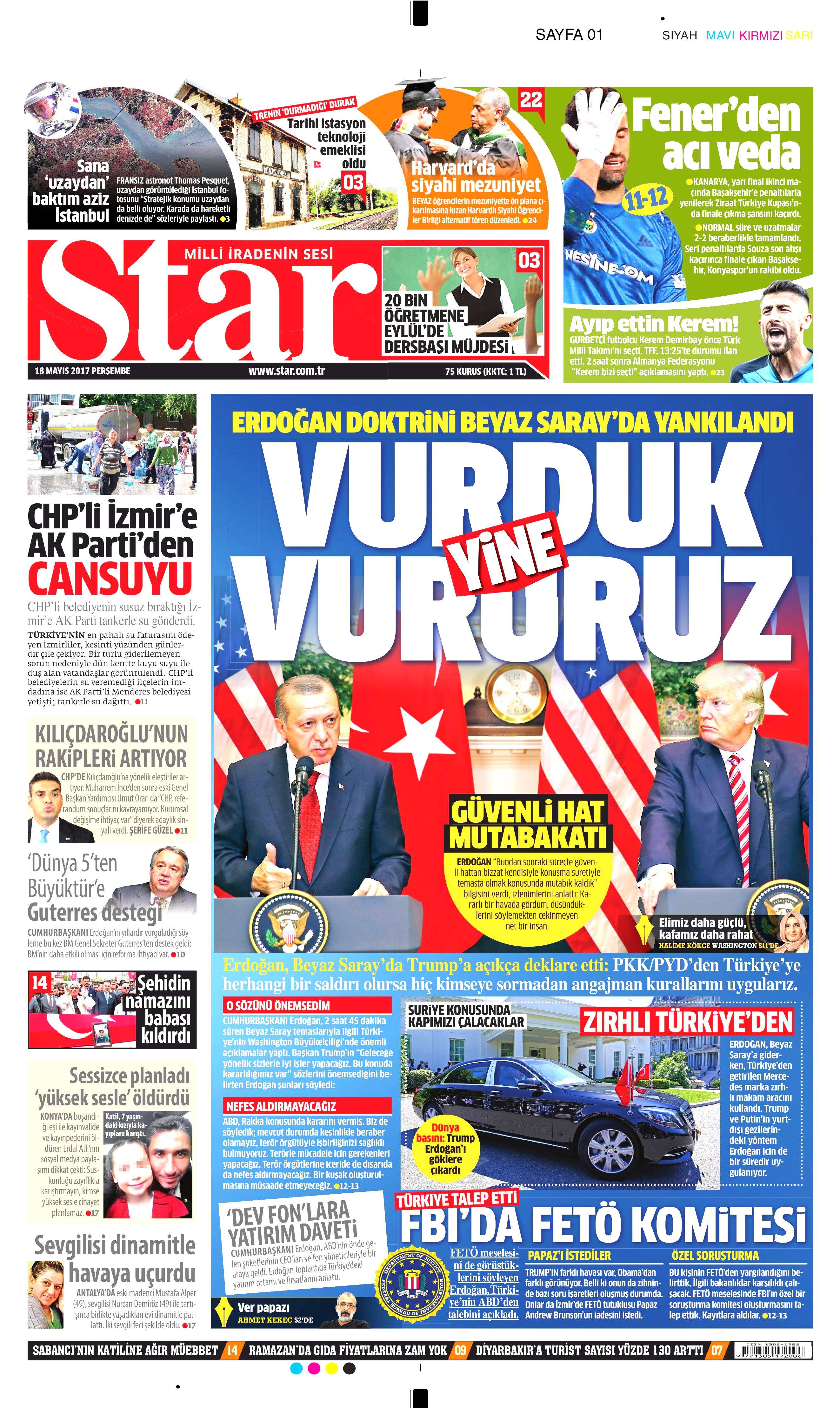 18 Mayıs 2017 Perşembe gazete manşetleri - 18