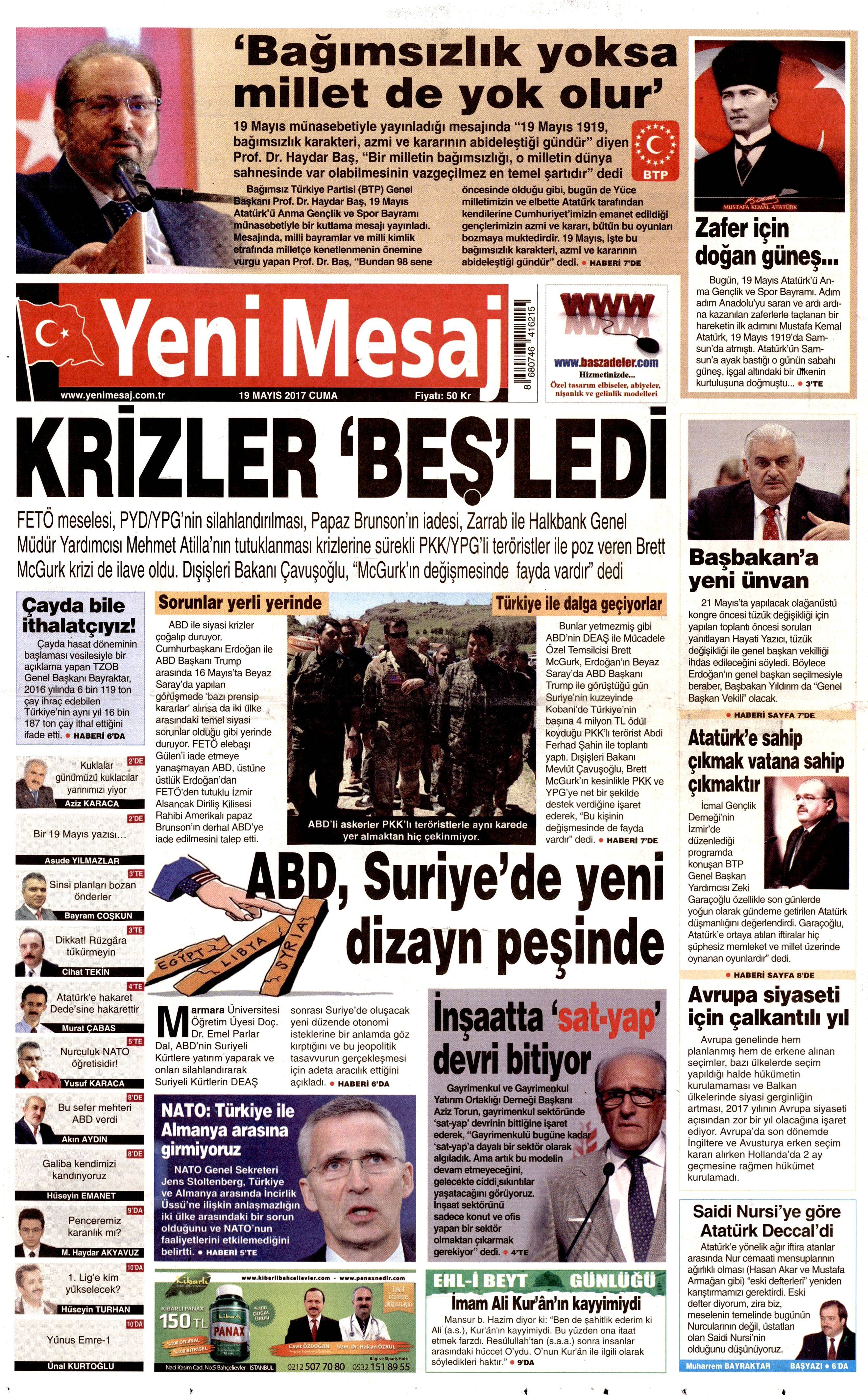 19 Mayıs 2017 Cuma gazete manşetleri - 18