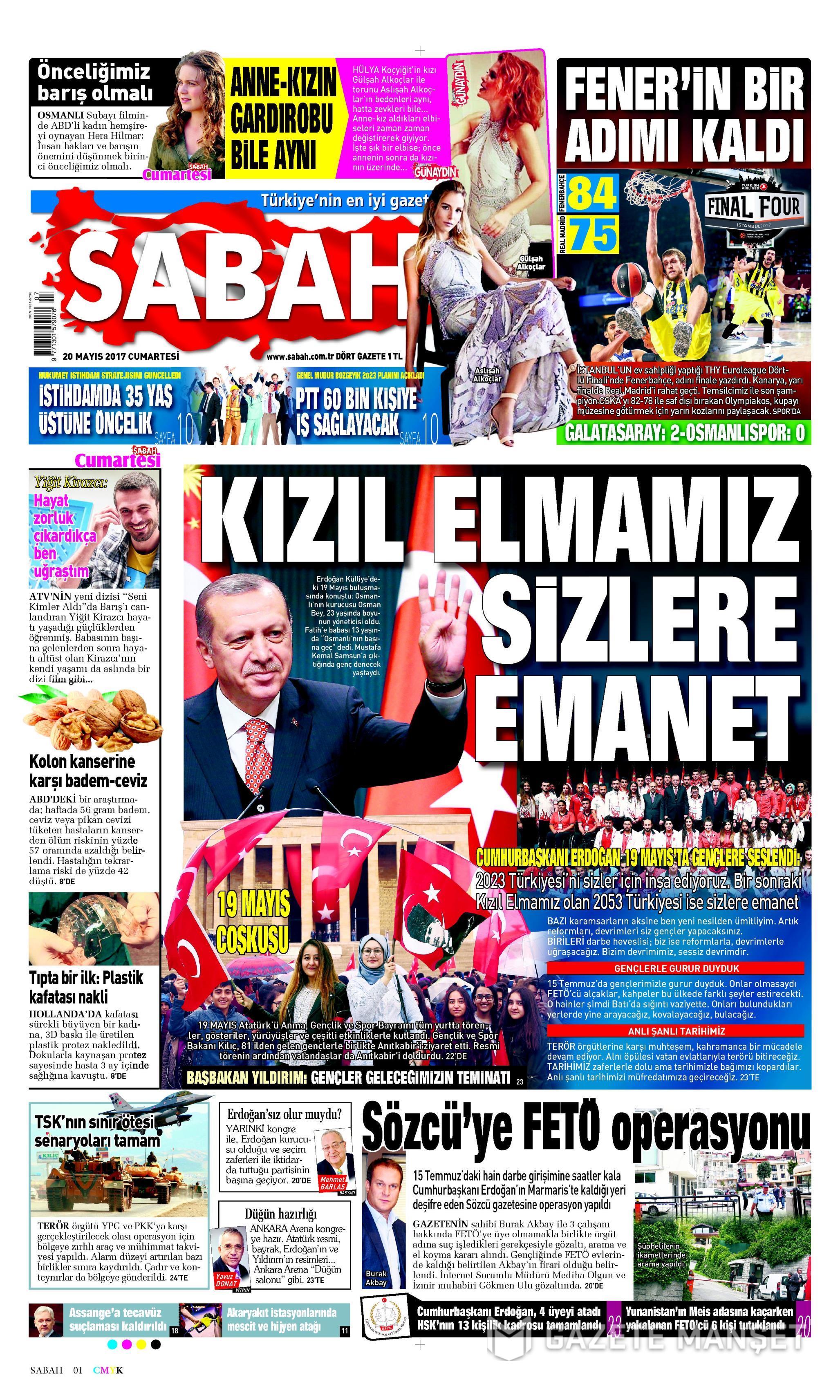 20 Mayıs 2017 Cumartesi gazete manşetleri - 19