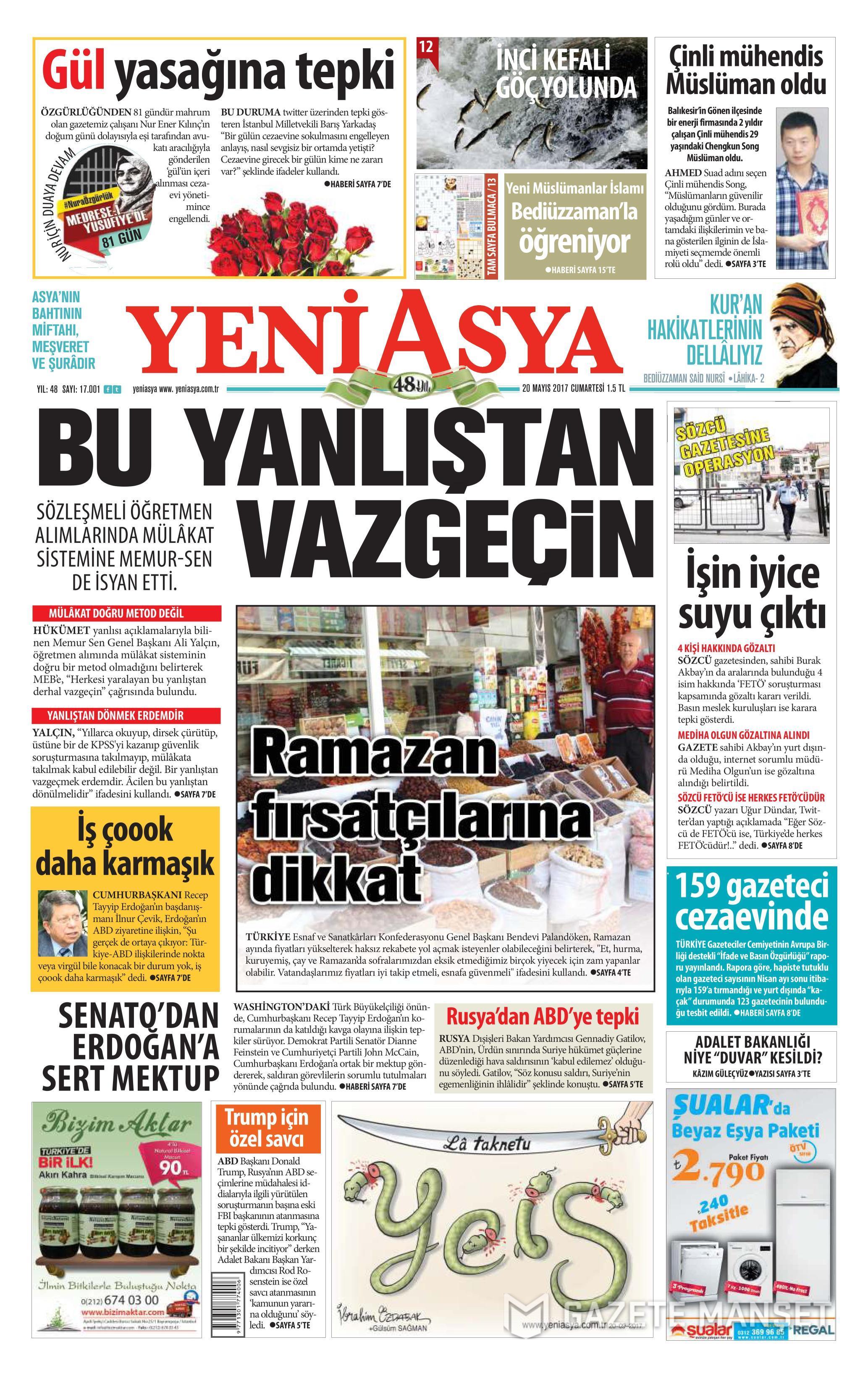 20 Mayıs 2017 Cumartesi gazete manşetleri - 25