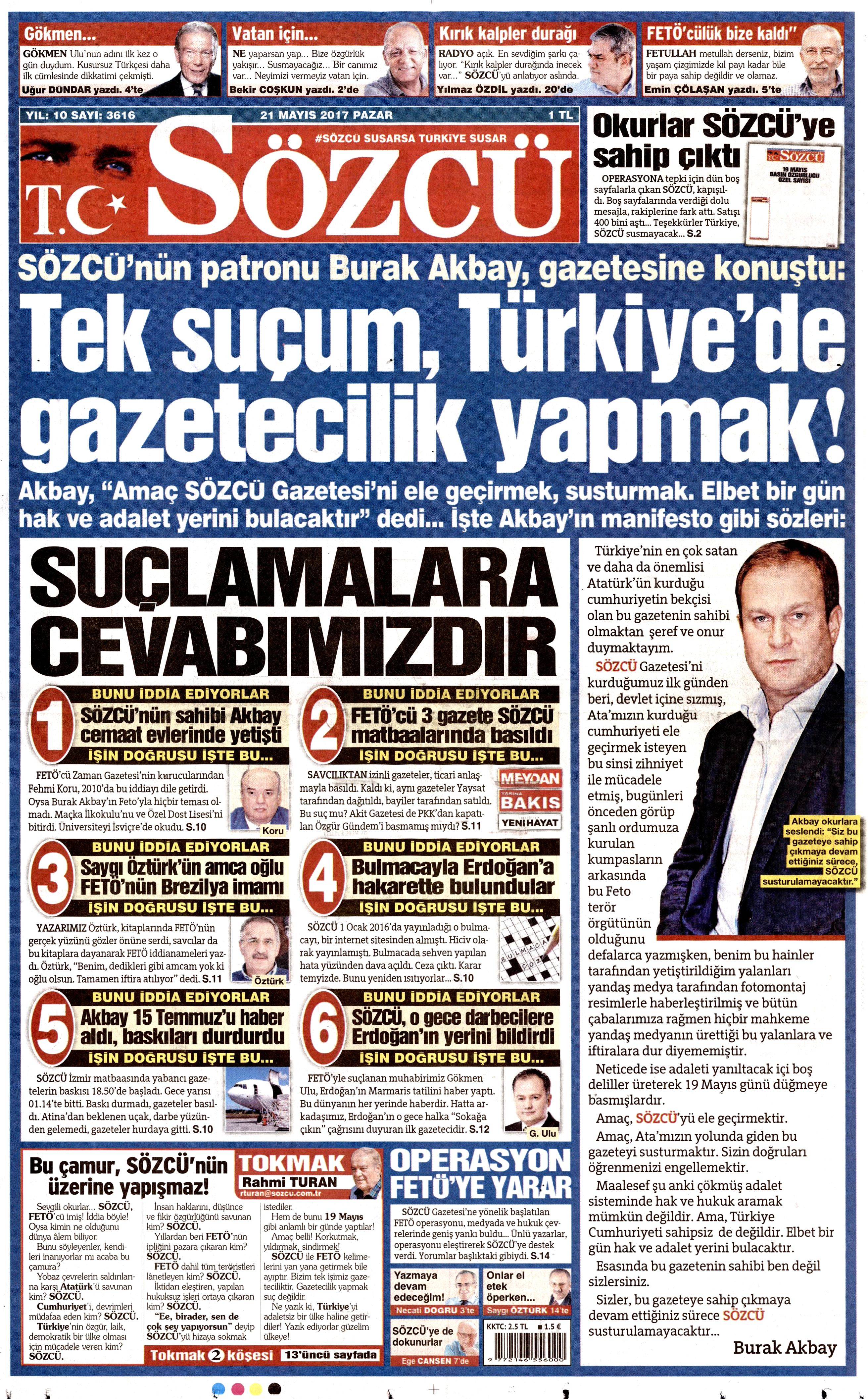 21 Mayıs 2017 Pazar gazete manşetleri - 21