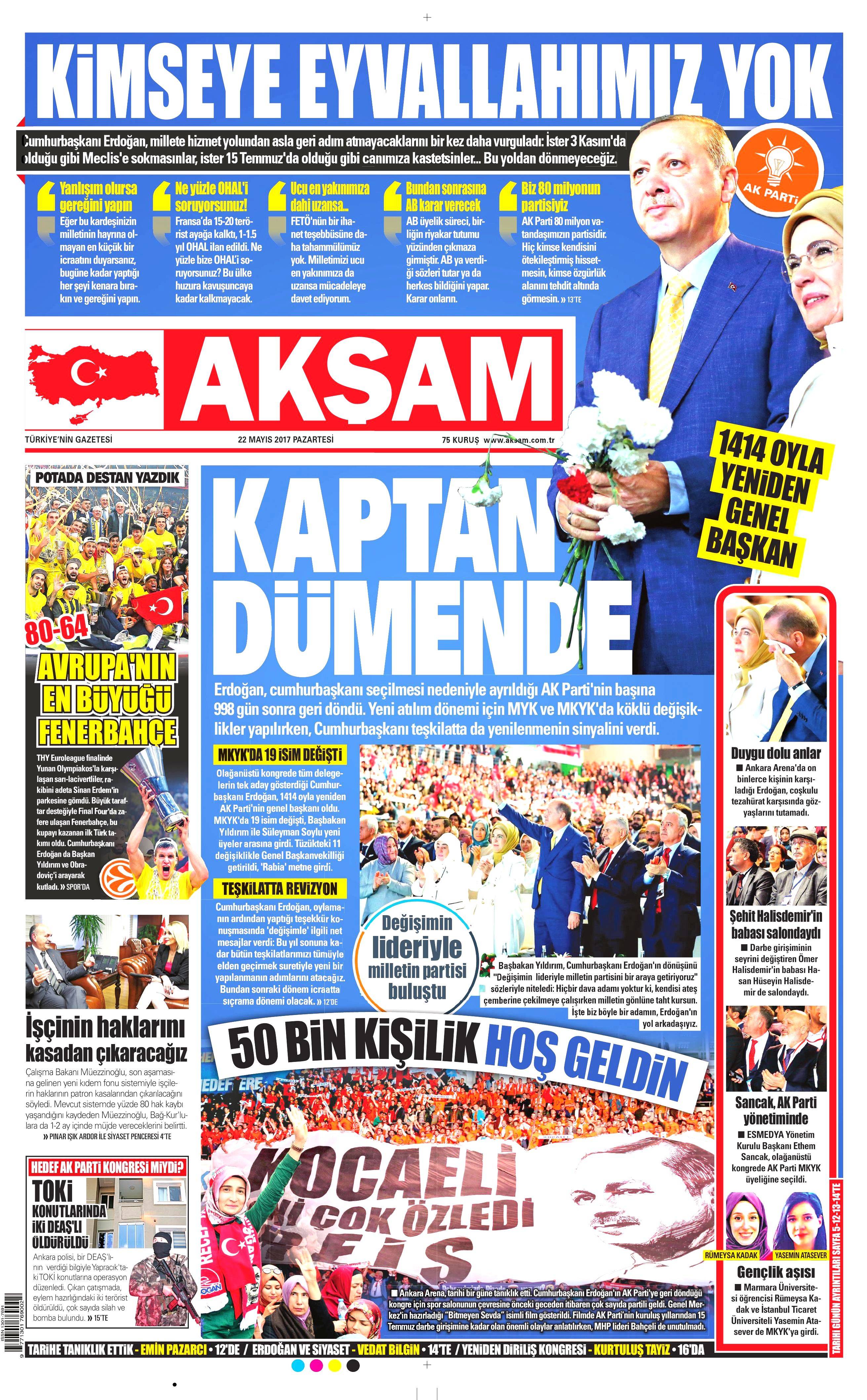 22 Mayıs 2017 Pazartesi gazete manşetleri - 1