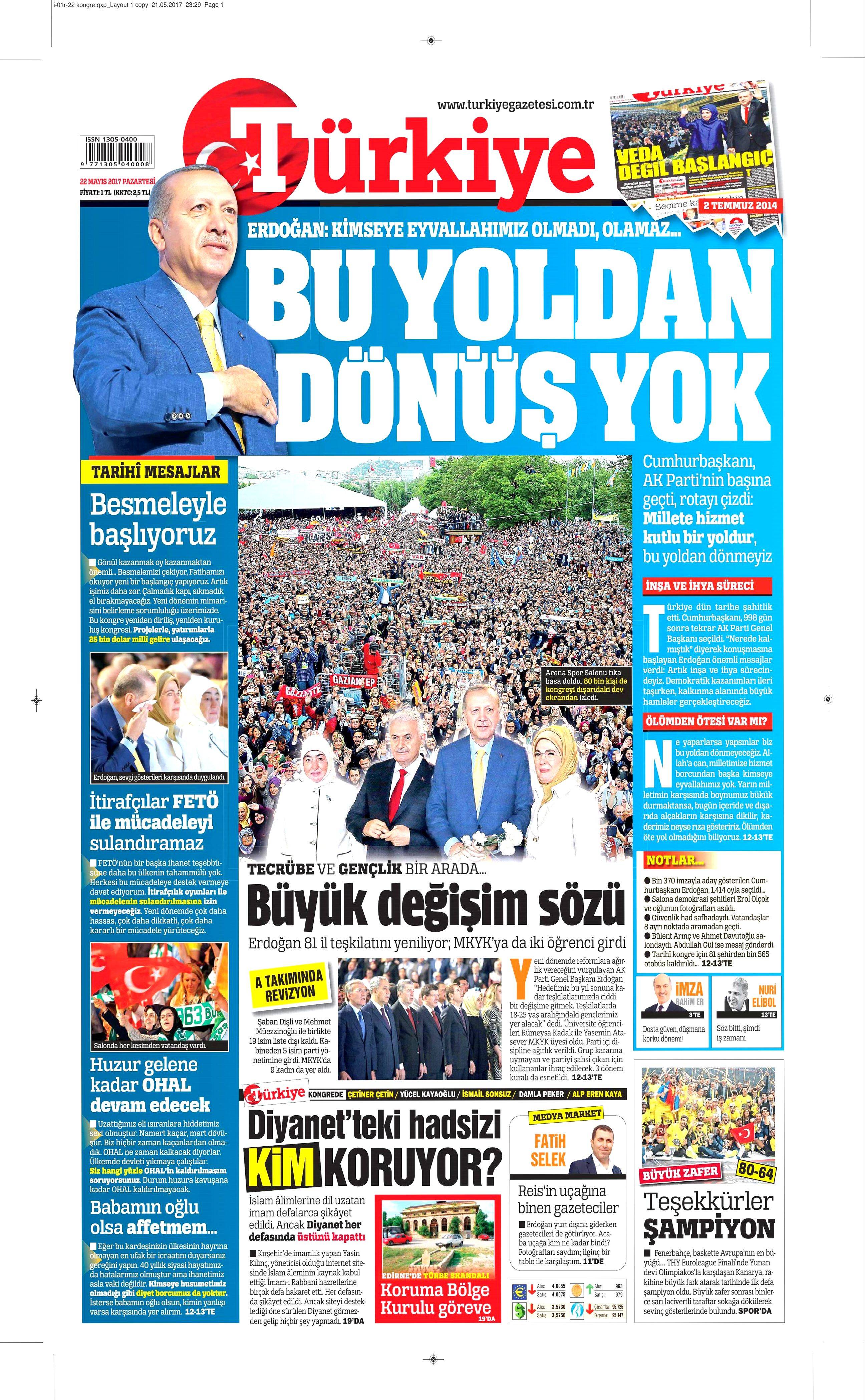 22 Mayıs 2017 Pazartesi gazete manşetleri - 22