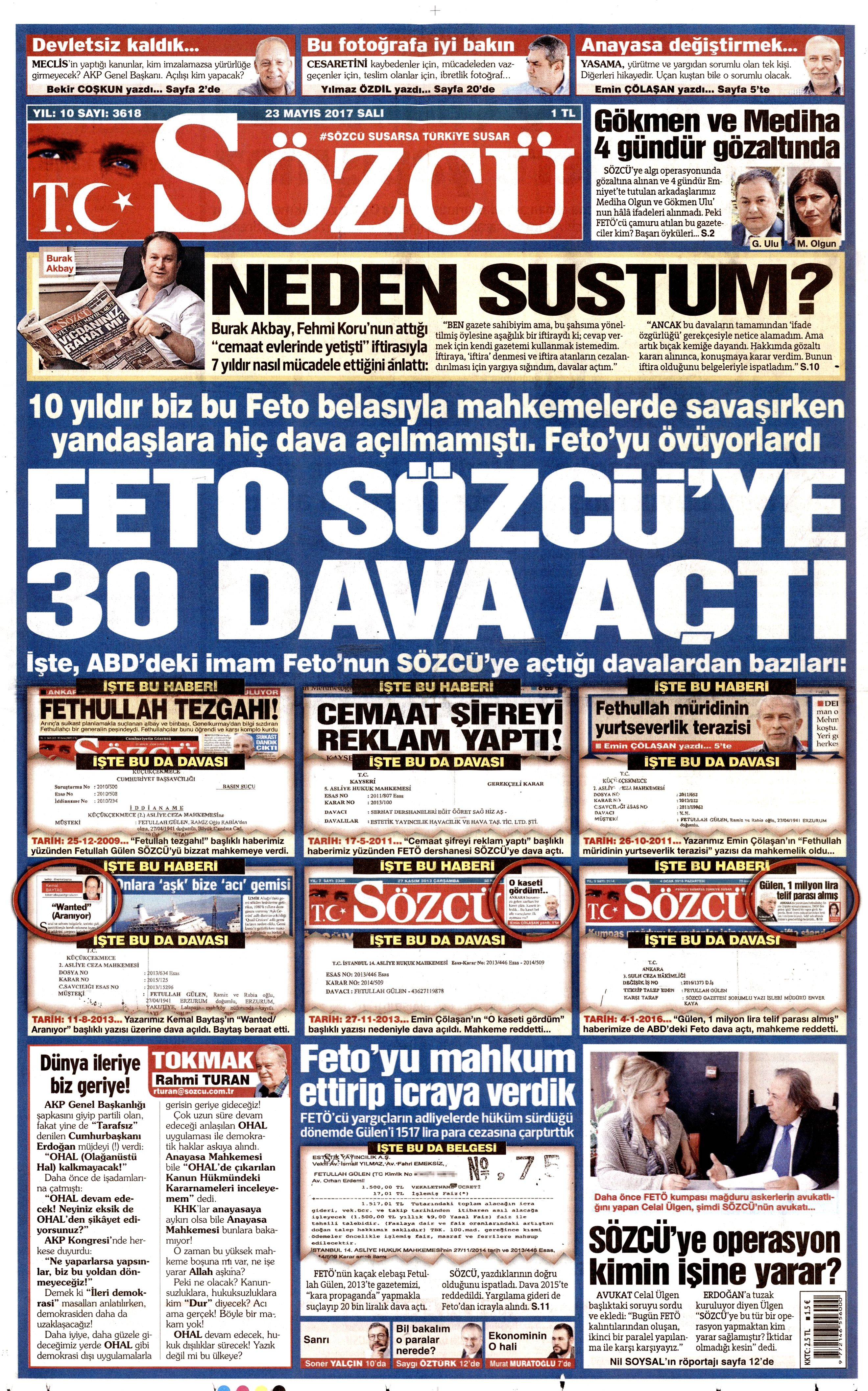 23 Mayıs 2017 Salı gazete manşetleri - 20