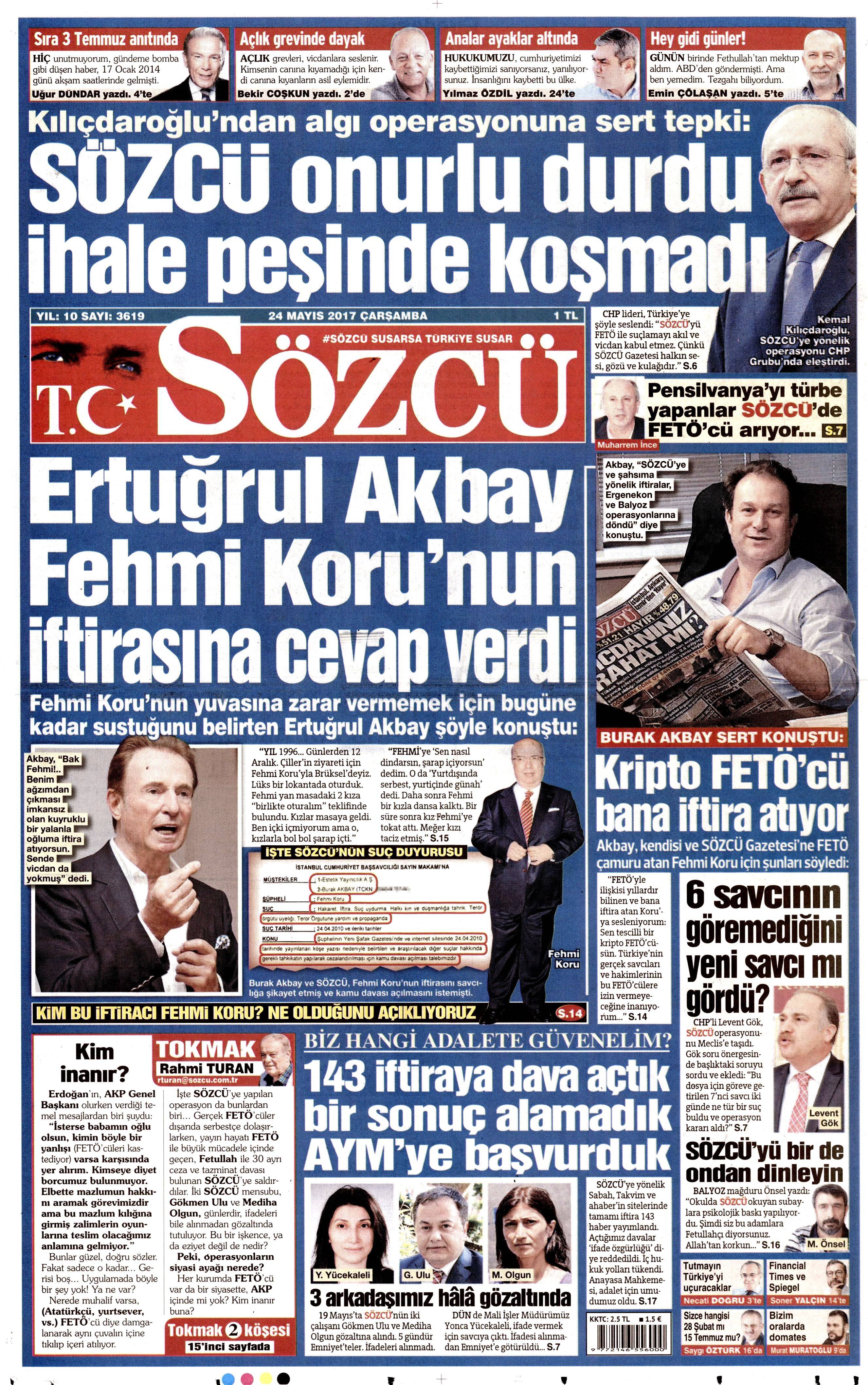 24 Mayıs 2017 Çarşamba gazete manşetleri - 20