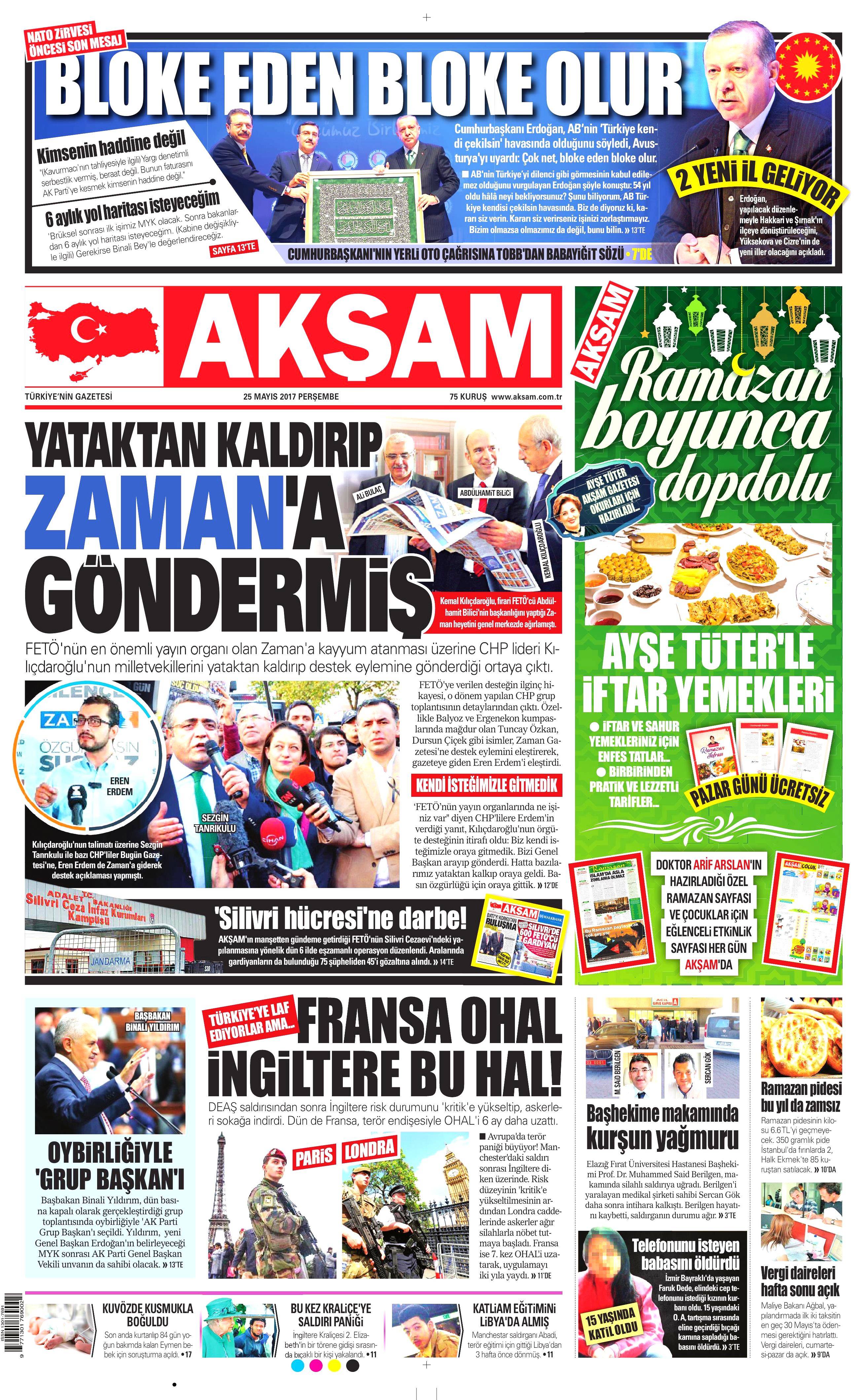 25 Mayıs 2017 Perşembe gazete manşetleri - 1