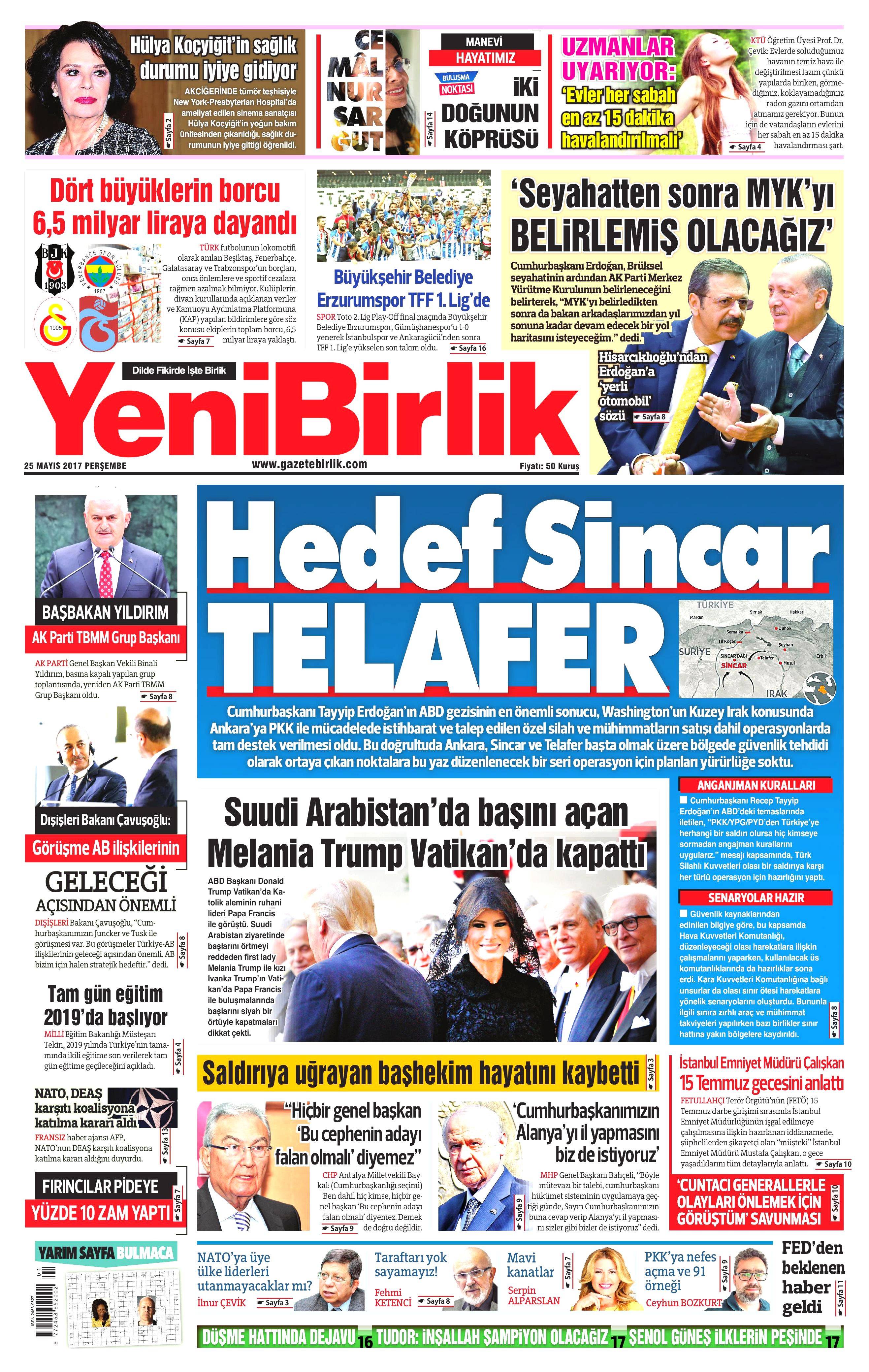 25 Mayıs 2017 Perşembe gazete manşetleri - 25