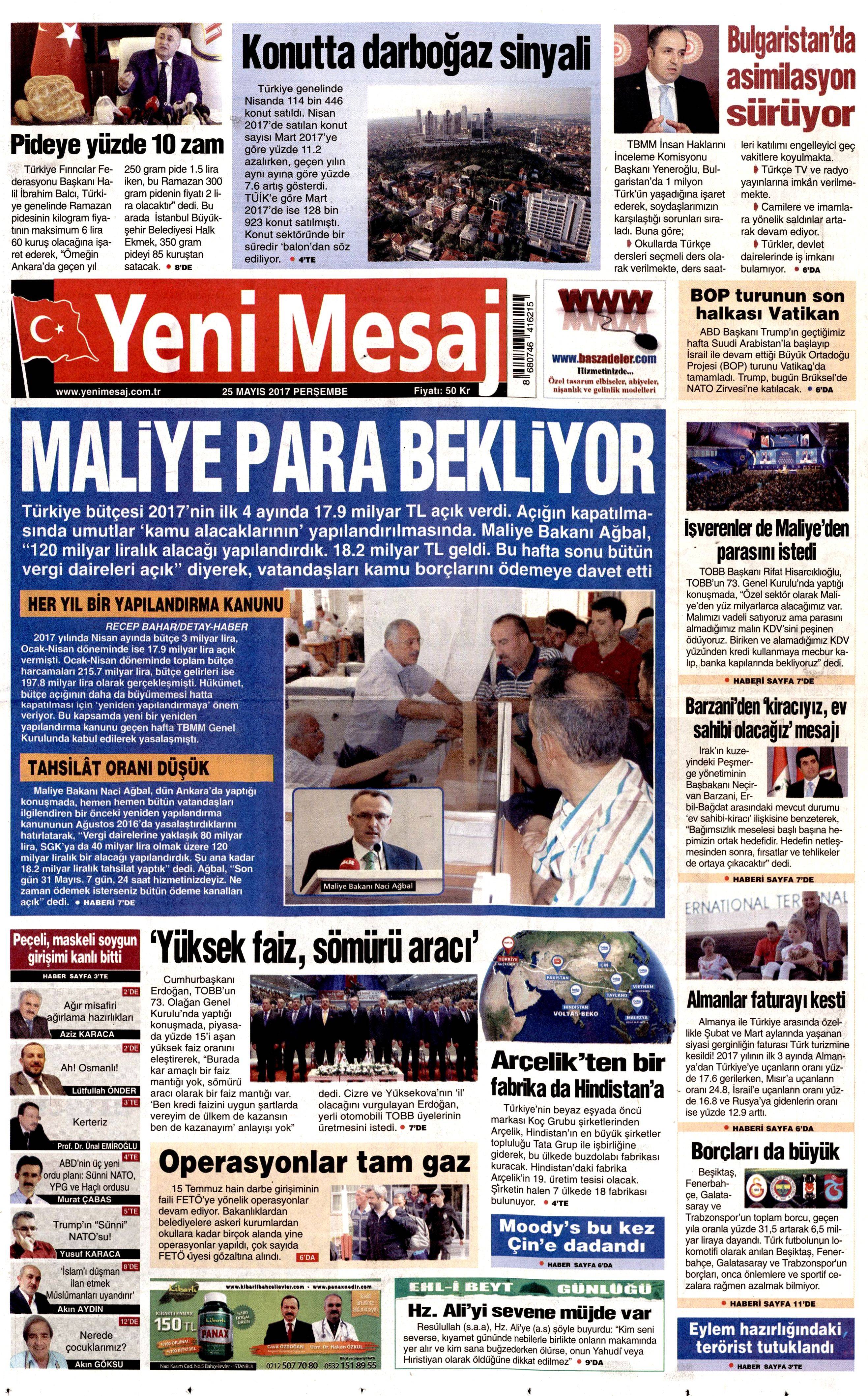 25 Mayıs 2017 Perşembe gazete manşetleri - 26