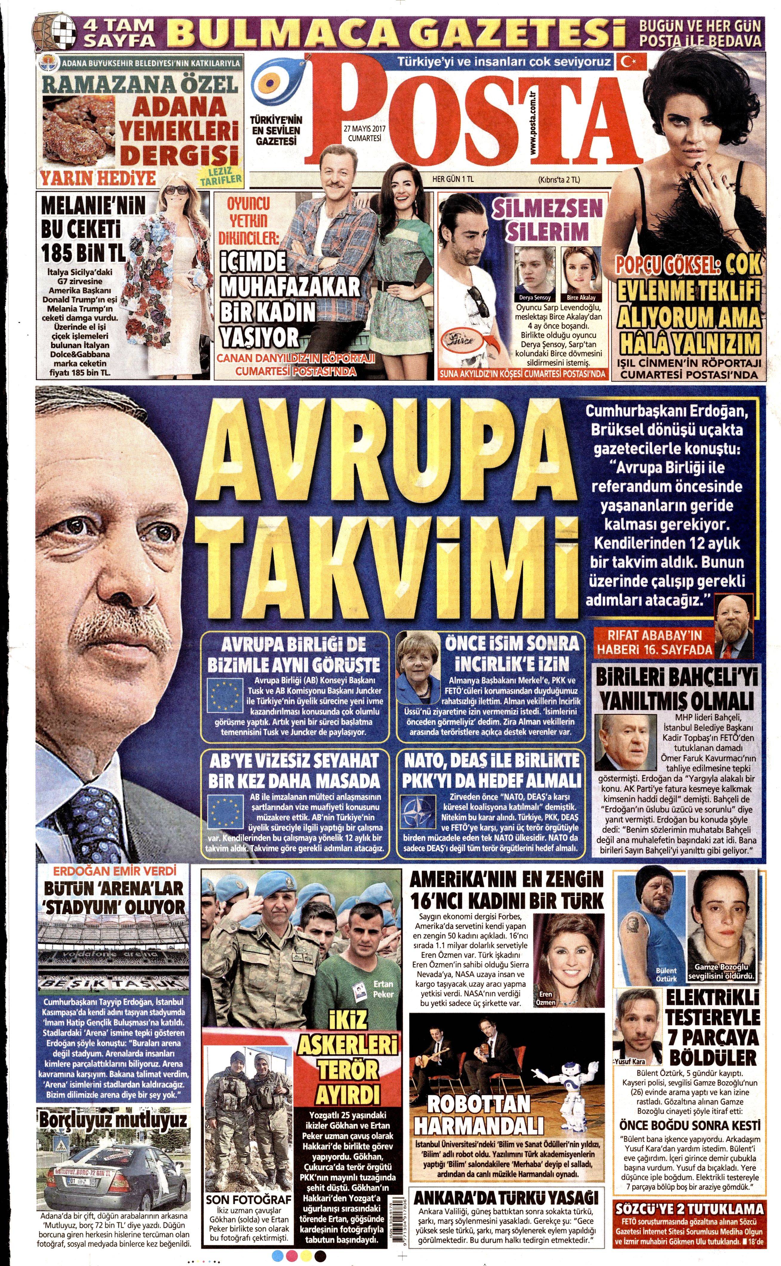 27 Mayıs 2017 Cumartesi gazete manşetleri - 16